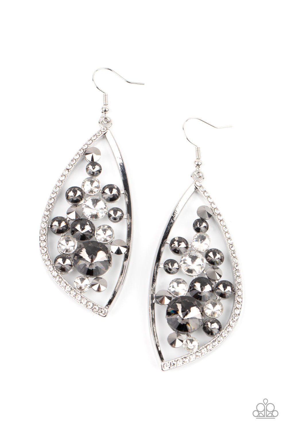 Sweetly Effervescent Silver Earring - Paparazzi Accessories A bubbly collection of white, smoky, and hematite rhinestones coalesce inside an asymmetrical silver frame. One side of the frame is encrusted in glassy white rhinestones, adding a refined flair to the bubbly lure. Earring attaches to a standard fishhook fitting. Sold as one pair of earrings.