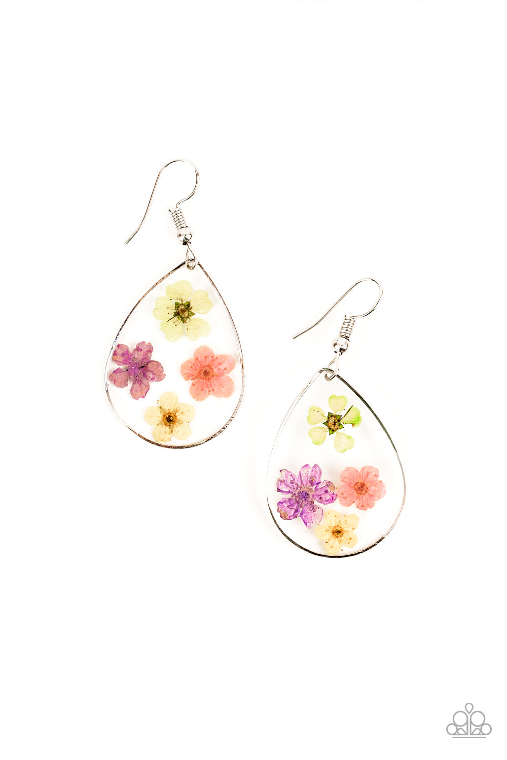 Perennial Prairie Multi Earring - Paparazzi Accessories Dainty green, pink, purple, and yellow flowers are encased in a glassy teardrop, creating a whimsical frame. Earring attaches to a standard fishhook fitting. All Paparazzi Accessories are lead free and nickel free! Sold as one pair of earrings.