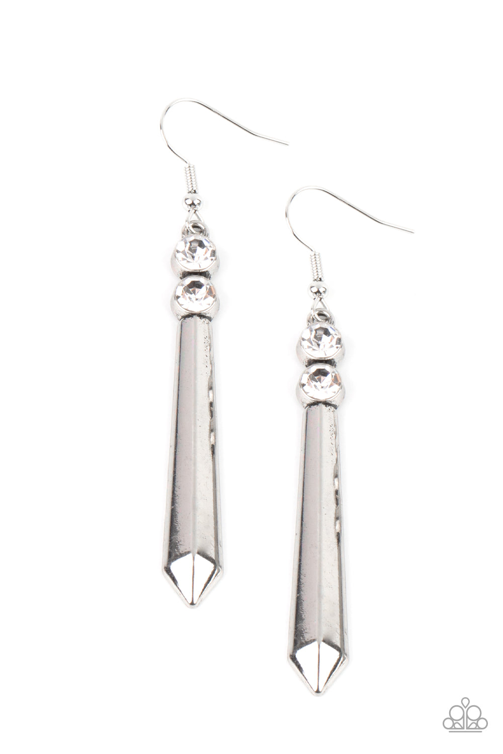 Sparkle Stream White Earring - Paparazzi Accessories A pair of glittery white rhinestones crowns a flared silver rod, creating a sharp-looking lure. Earring attaches to a standard fishhook fitting. All Paparazzi Accessories are lead free and nickel free! Sold as one pair of earrings.