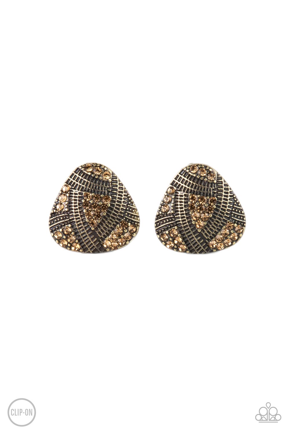 Gorgeously Galleria Brass Clip-On Earring - Paparazzi Accessories Studded and textured ribbons of brass wrap around sections of golden topaz rhinestones, creating an edgy display. Earring attaches to a standard clip-on fitting. All Paparazzi Accessories are lead free and nickel free! Sold as one pair of clip-on earrings.