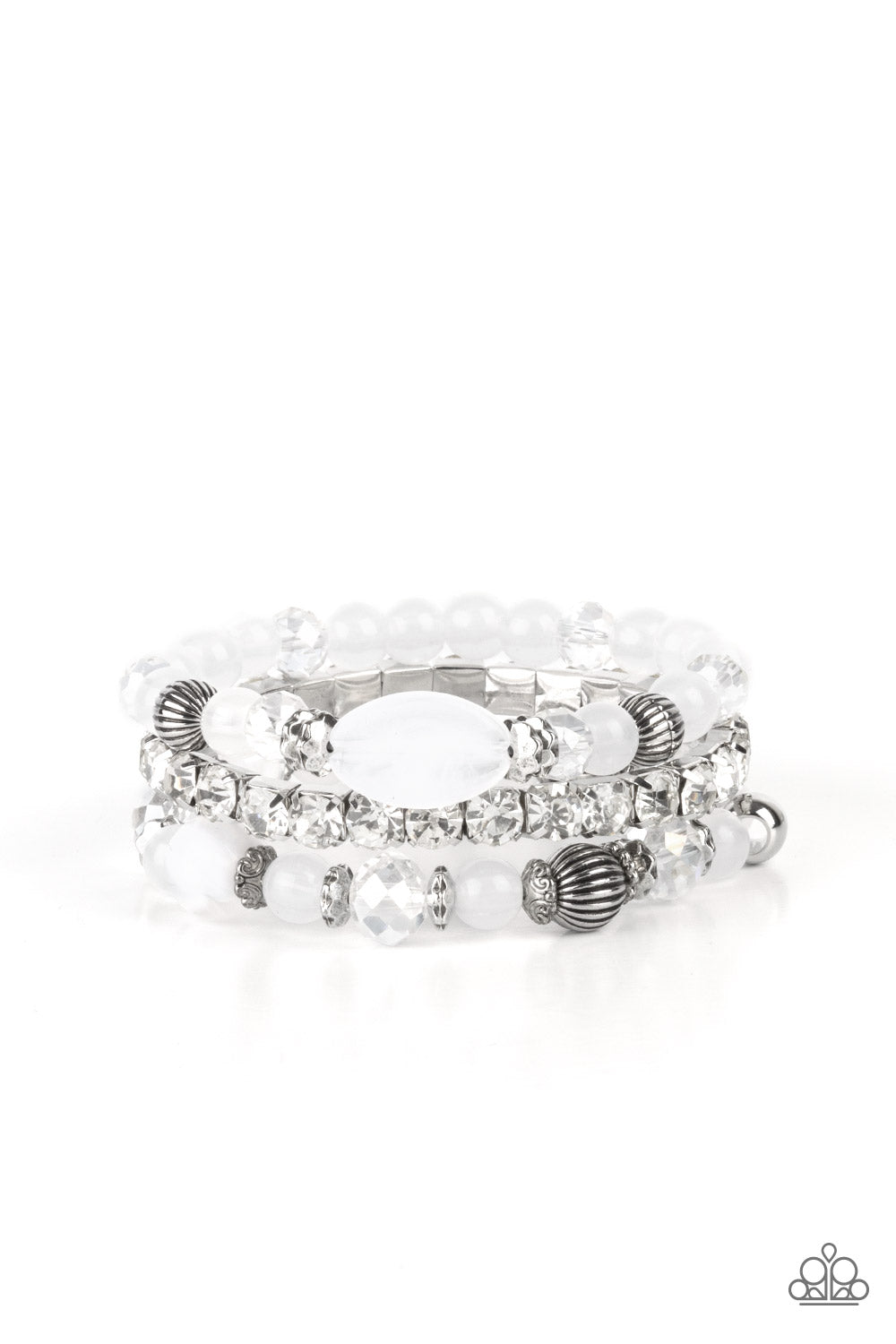 Ethereal Etiquette White Bracelet - Paparazzi Accessories. Infused with a stretchy strand of glassy white rhinestones, a mismatched collection of cloudy white, white crystal-like, and ornate silver accents are threaded along stretchy bands around the wrist, creating ethereal layers. All Paparazzi Accessories are lead free and nickel free! Sold as one individual bracelet.