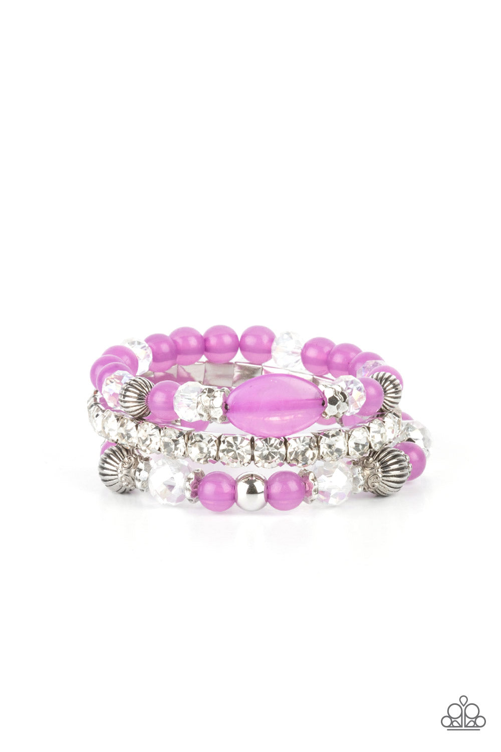 Ethereal Etiquette Purple Bracelet - Paparazzi Accessories Infused with a stretchy strand of glassy white rhinestones, a mismatched collection of cloudy Amethyst Orchid, white crystal-like, and ornate silver accents are threaded along stretchy bands around the wrist, creating ethereal layers. All Paparazzi Accessories are lead free and nickel free! Sold as one set of three bracelets.