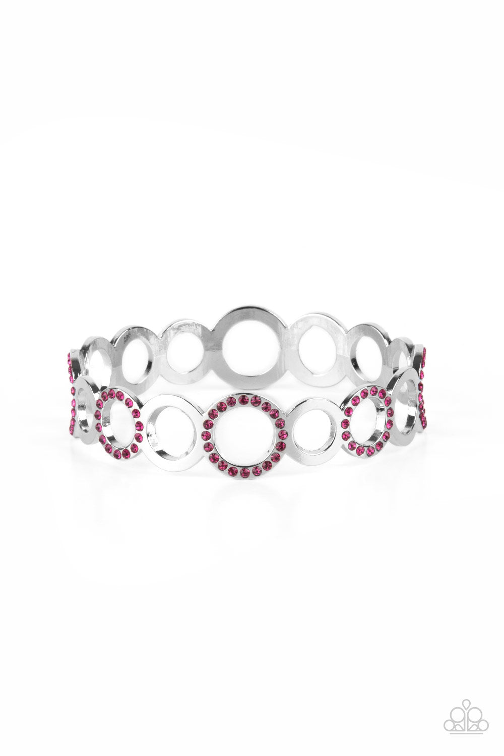 Future, Past, and POLISHED Pink Bangle Bracelet - Paparazzi Accessories A glittery collection of sparkly pink rhinestone encrusted rings and shiny silver hoops coalesce into an airy bangle around the wrist. All Paparazzi Accessories are lead free and nickel free! Sold as one individual bracelet.