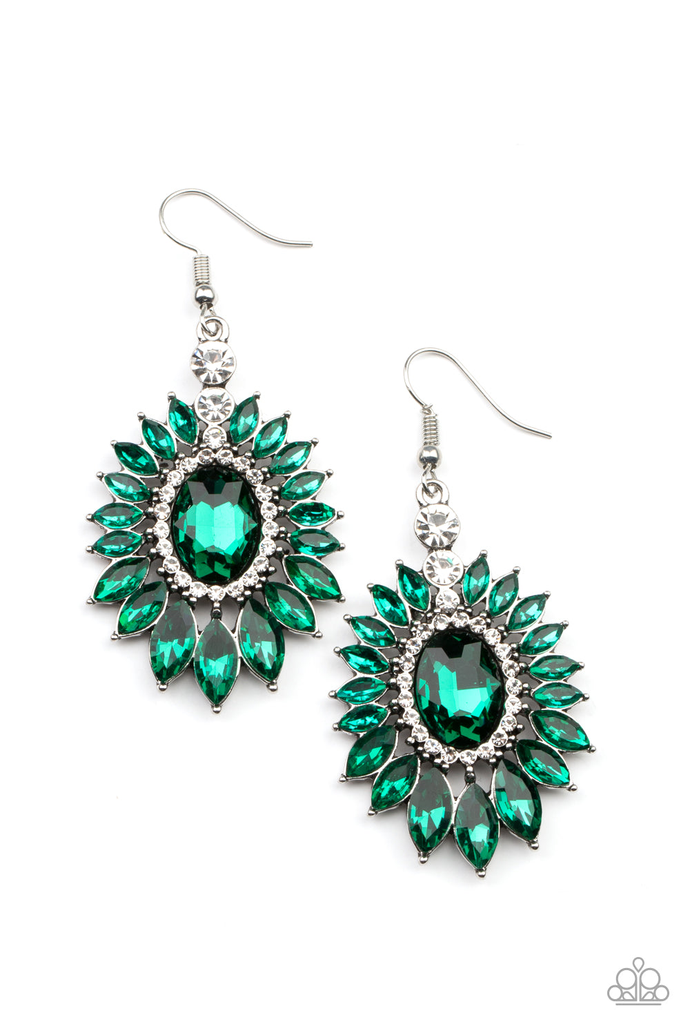 Big Time Twinkle Green Earring - Paparazzi Accessories Glittery dark green marquise cut rhinestones fan out from a green oval gem center bordered in dainty white rhinestones, creating a sparkly floral frame. Earring attaches to a standard fishhook fitting. All Paparazzi Accessories are lead free and nickel free! Sold as one pair of earrings.