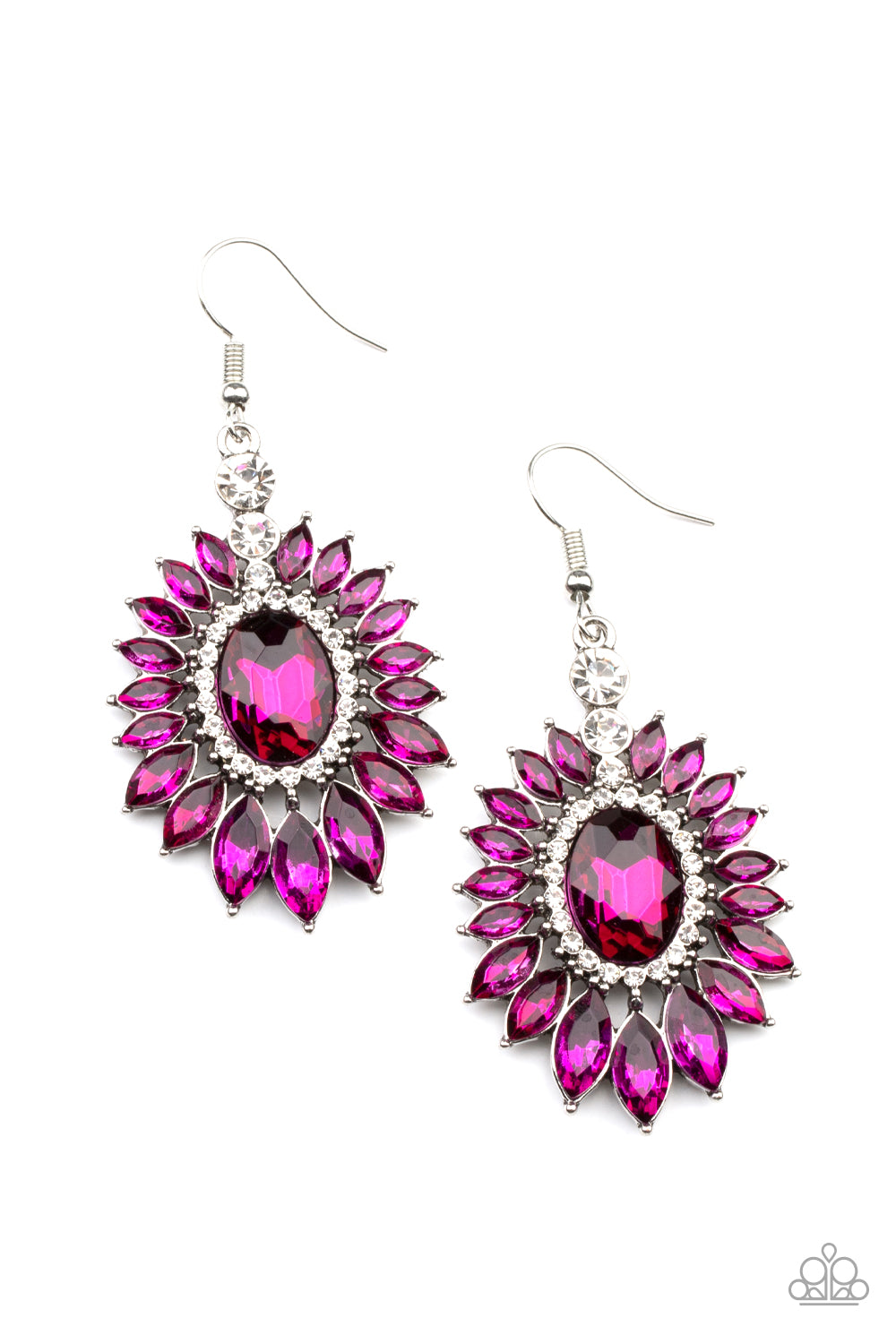 Big Time Twinkle Pink Earring - Paparazzi Accessories. Glittery dark pink marquise cut rhinestones fan out from a pink oval gem center, bordered in dainty white rhinestones, creating a sparkly floral frame. Earring attaches to a standard fishhook fitting. All Paparazzi Accessories are lead free and nickel free! Sold as one pair of earrings.
