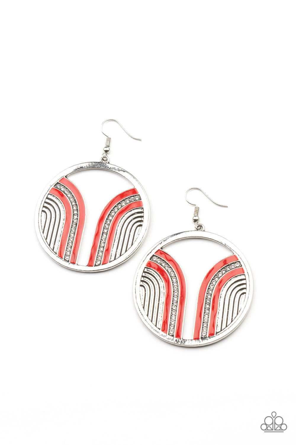 Delightfully Deco Red Earring - Paparazzi Accessories Infused with a glittery row of white rhinestones, shiny red arcs curve into juxtaposed frames inside a classic silver hoop, creating a colorful art deco inspired centerpiece. Earring attaches to a standard fishhook fitting. All Paparazzi Accessories are lead free and nickel free! Sold as one pair of earrings.