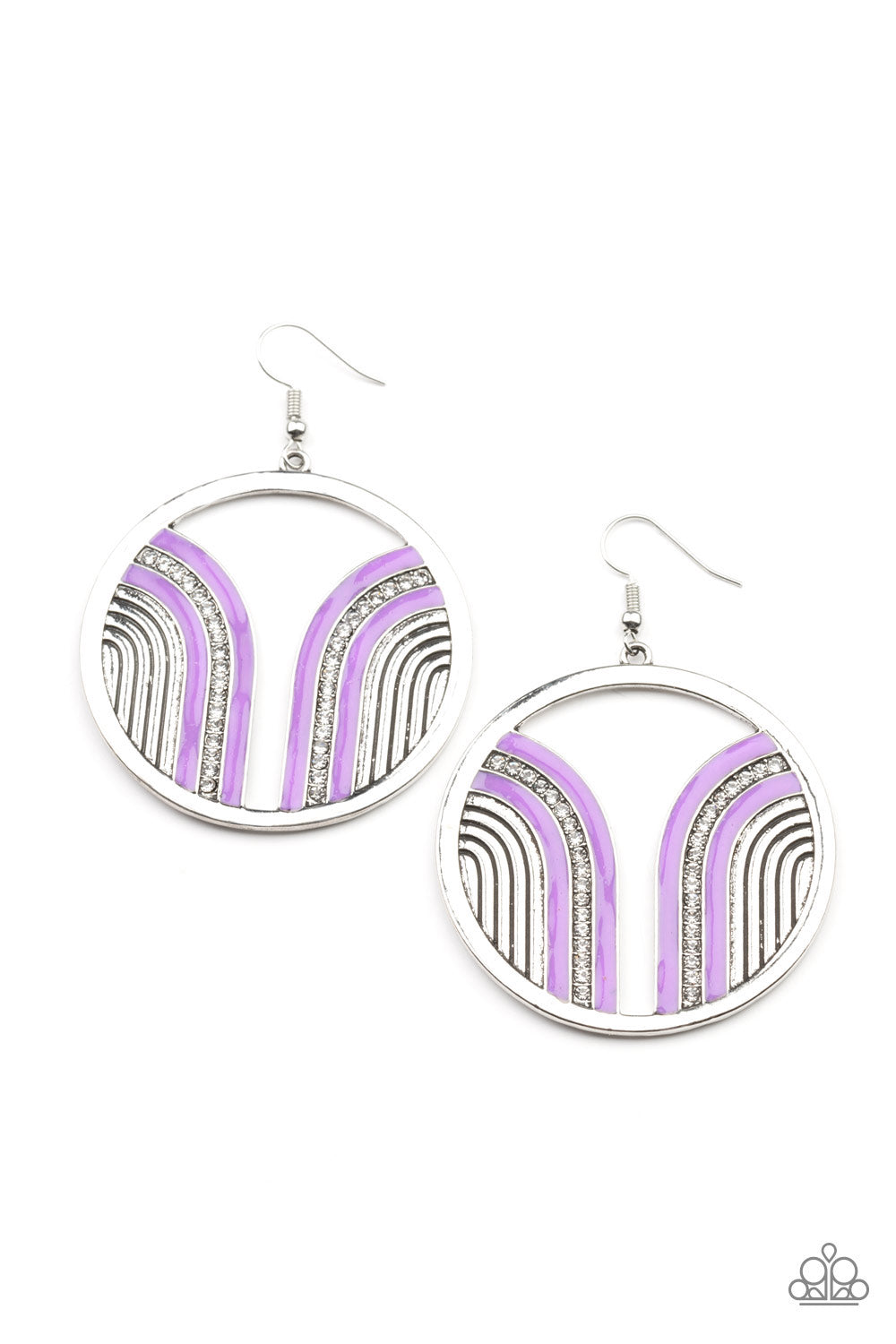 Delightfully Deco Purple Earring - Paparazzi Accessories. Infused with a glittery row of white rhinestones, shiny purple arcs curve into juxtaposed frames inside a classic silver hoop, creating a colorful art deco inspired centerpiece. Earring attaches to a standard fishhook fitting. All Paparazzi Accessories are lead free and nickel free! Sold as one pair of earrings.