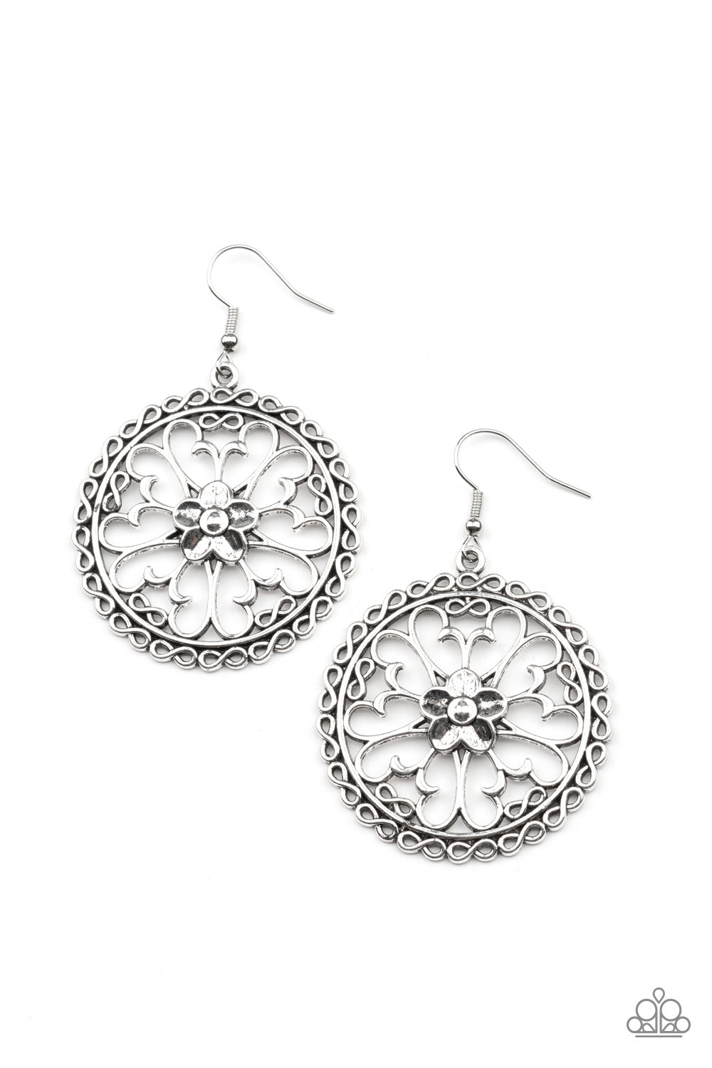 Floral Fortunes Silver Earring - Paparazzi Accessories. Airy butterfly shaped silver frames fan out from an antiqued silver flower, creating a whimsical centerpiece inside a hoop of dainty silver infinity accents. Earring attaches to a standard fishhook fitting. All Paparazzi Accessories are lead free and nickel free! Sold as one pair of earrings.