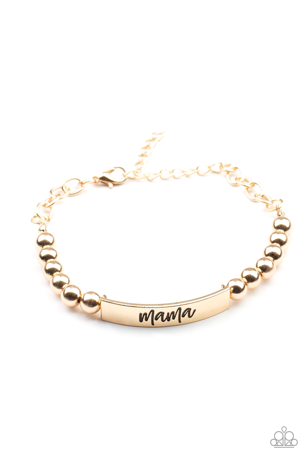 Mom Squad Gold Bracelet - Paparazzi Accessories Stamped in the word, "Mama," a curved gold plate attaches to strands of gold beads threaded along invisible wire around the wrist, creating a sentimental centerpiece. Features an adjustable clasp closure. Sold as one individual bracelet.