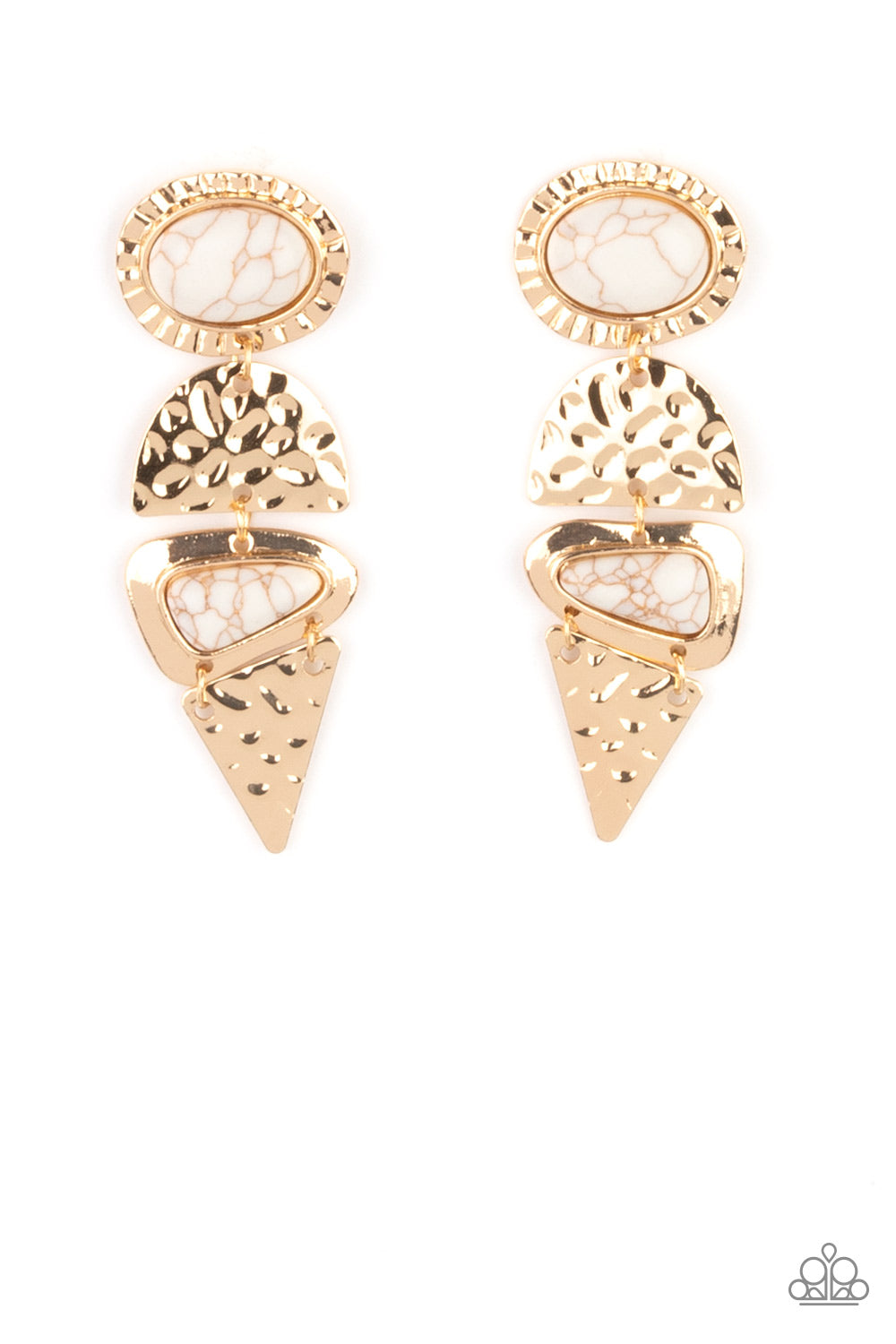 Earthy Extravagance Gold Post Earring - Paparazzi Accessories Dotted with oval and triangular white stone accents, mismatched gold frames alternate with hammered geometric gold plates, creating an elegantly earthy lure. Earring attaches to a standard post fitting. All Paparazzi Accessories are lead free and nickel free! Sold as one pair of post earrings.