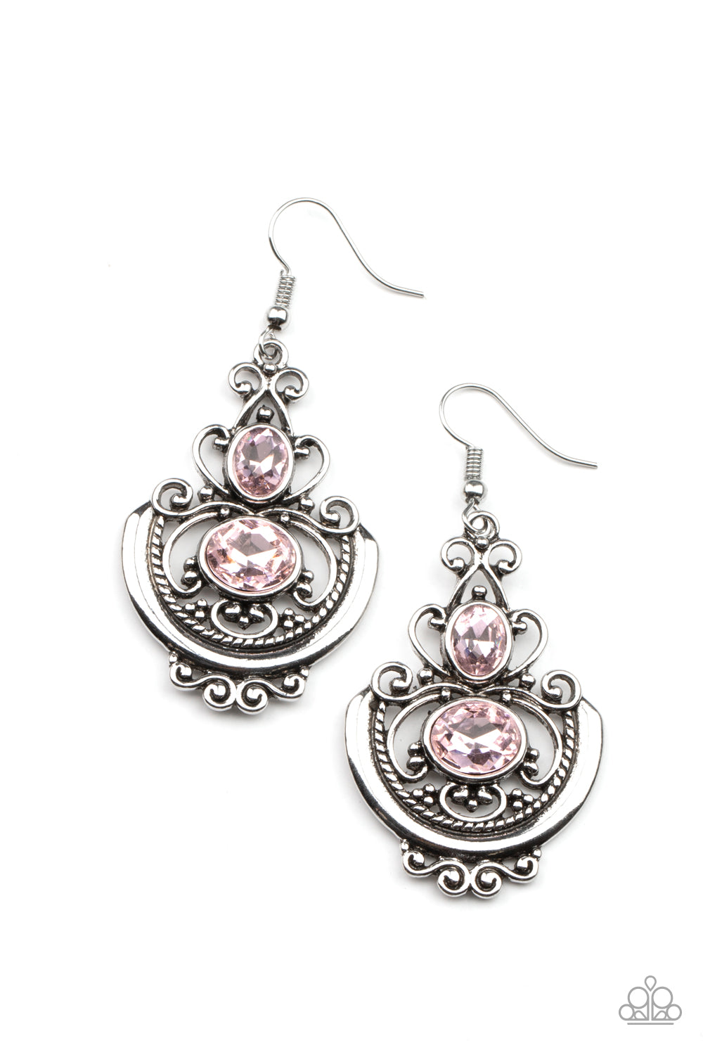 Unlimited Vacation Pink Earring - Paparazzi Accessories Oval pink rhinestones embellish an ornate silver frame swirling with studded and textured silver filigree, coalescing into an elegant lure. Earring attaches to a standard fishhook fitting. All Paparazzi Accessories are lead free and nickel free! Sold as one pair of earrings.