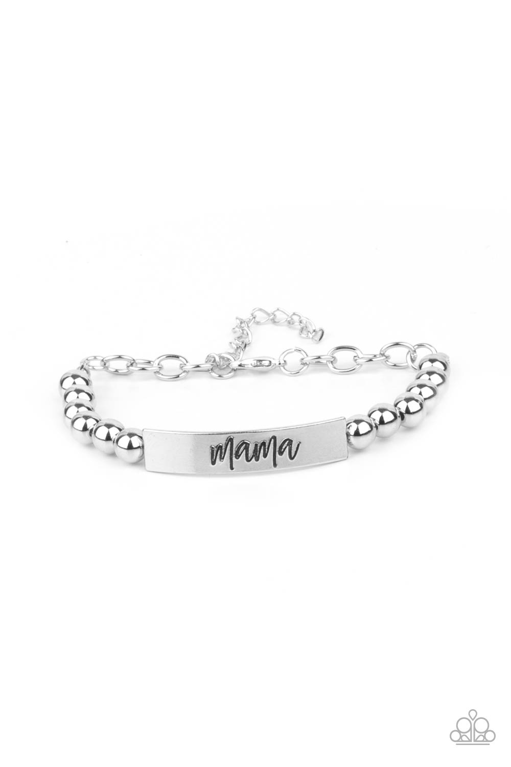 Mom Squad Silver Bracelet - Paparazzi Accessories Stamped in the word, "Mama," a curved silver plate attaches to strands of silver beads threaded along invisible wire around the wrist, creating a sentimental centerpiece. Features an adjustable clasp closure. Sold as one individual bracelet.