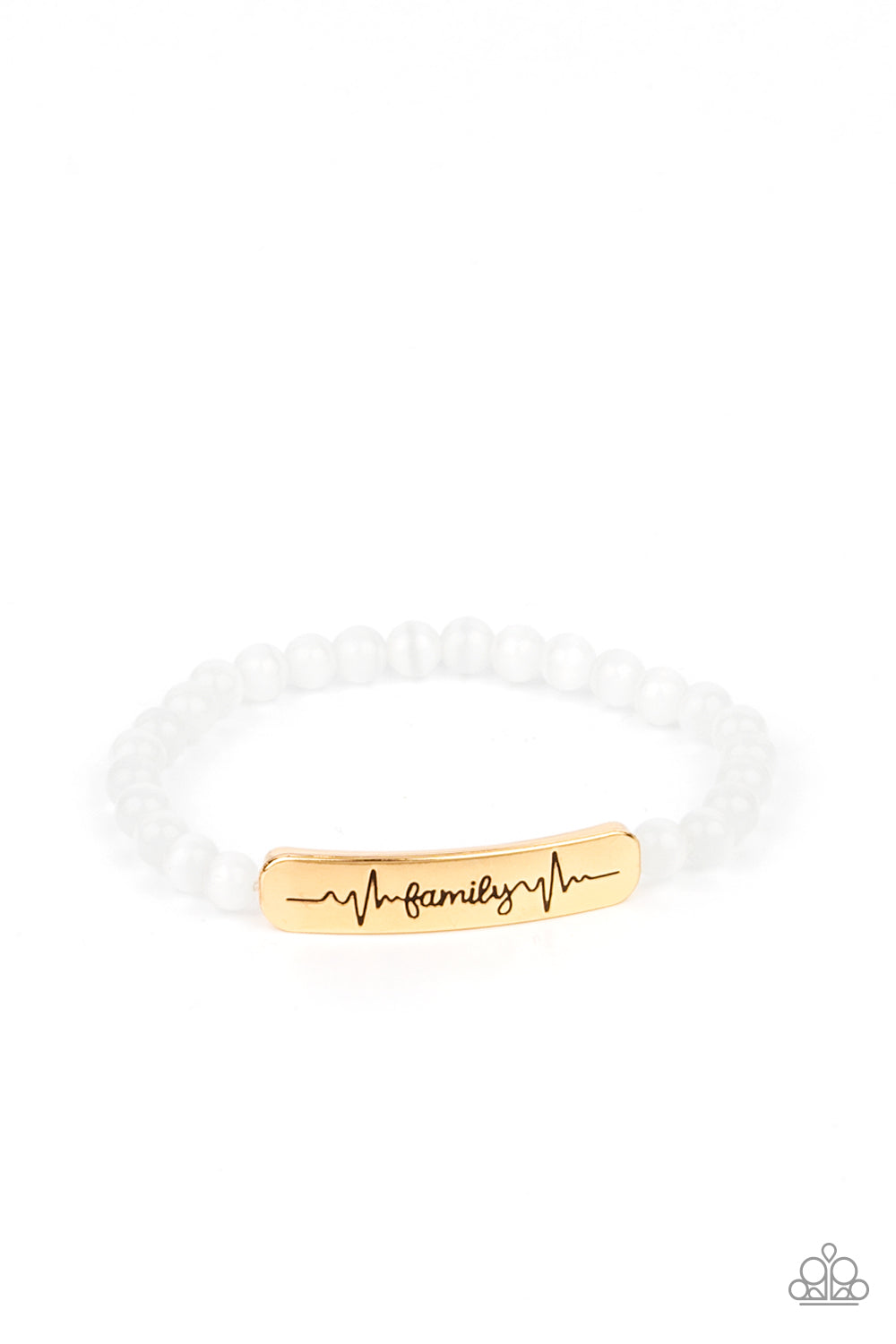 Family is Forever Gold Bracelet - Paparazzi Accessories Stamped in heartbeats and the word, "Family," a glistening gold plate attaches to a strand of white cat's eye stone beads that are threaded along a stretchy band, creating a whimsically sentimental centerpiece around the wrist. Sold as one individual bracelet.