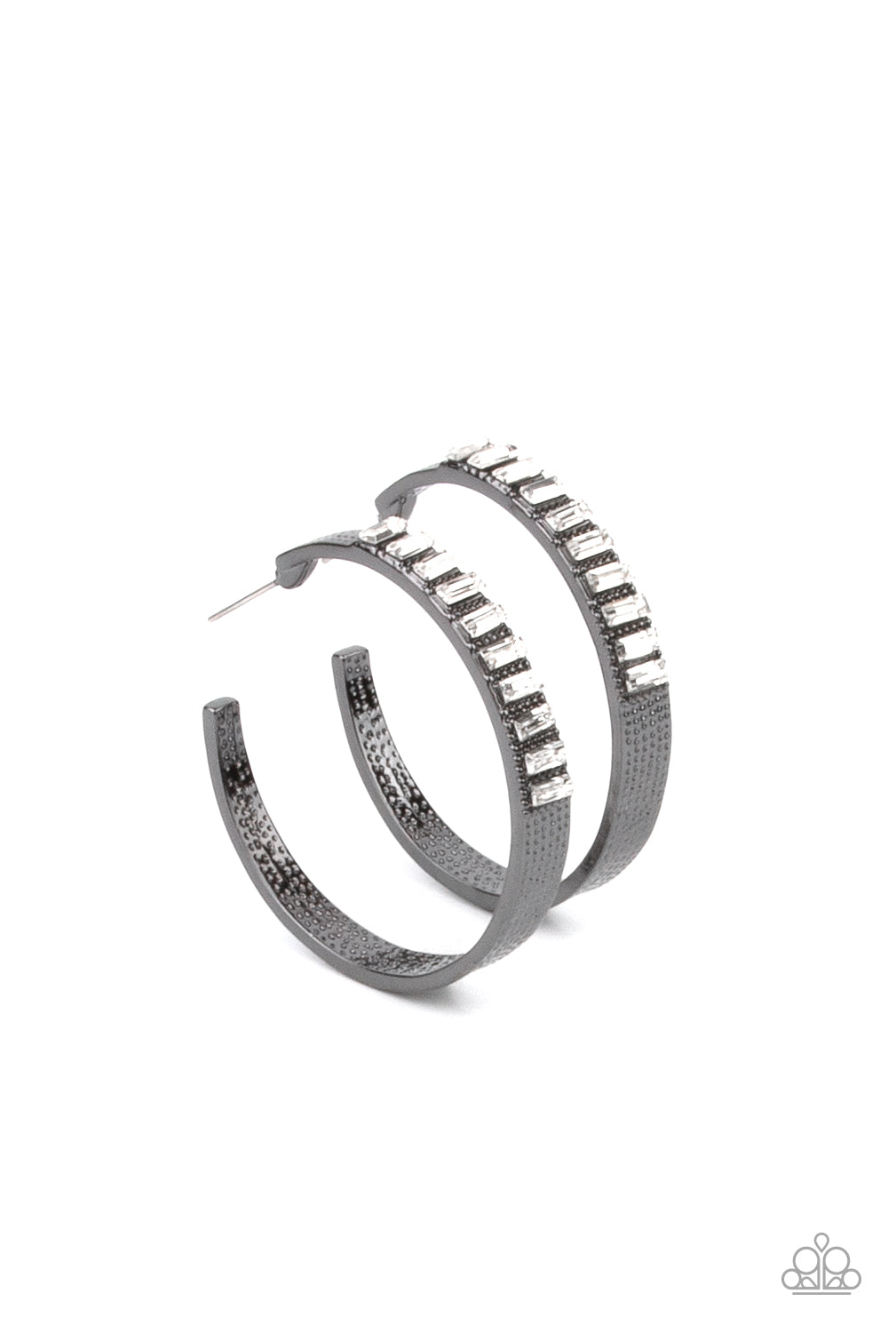 More To Love Black Hoop Earring - Paparazzi Accessories The top half of a thick textured gunmetal frame is lined in a stack of emerald cut white rhinestones, creating an unexpected pop of shimmer. Earring attaches to a standard post fitting. Hoop measures approximately 1 3/4” in diameter. All Paparazzi Accessories are lead free and nickel free! Sold as one pair of hoop earrings.