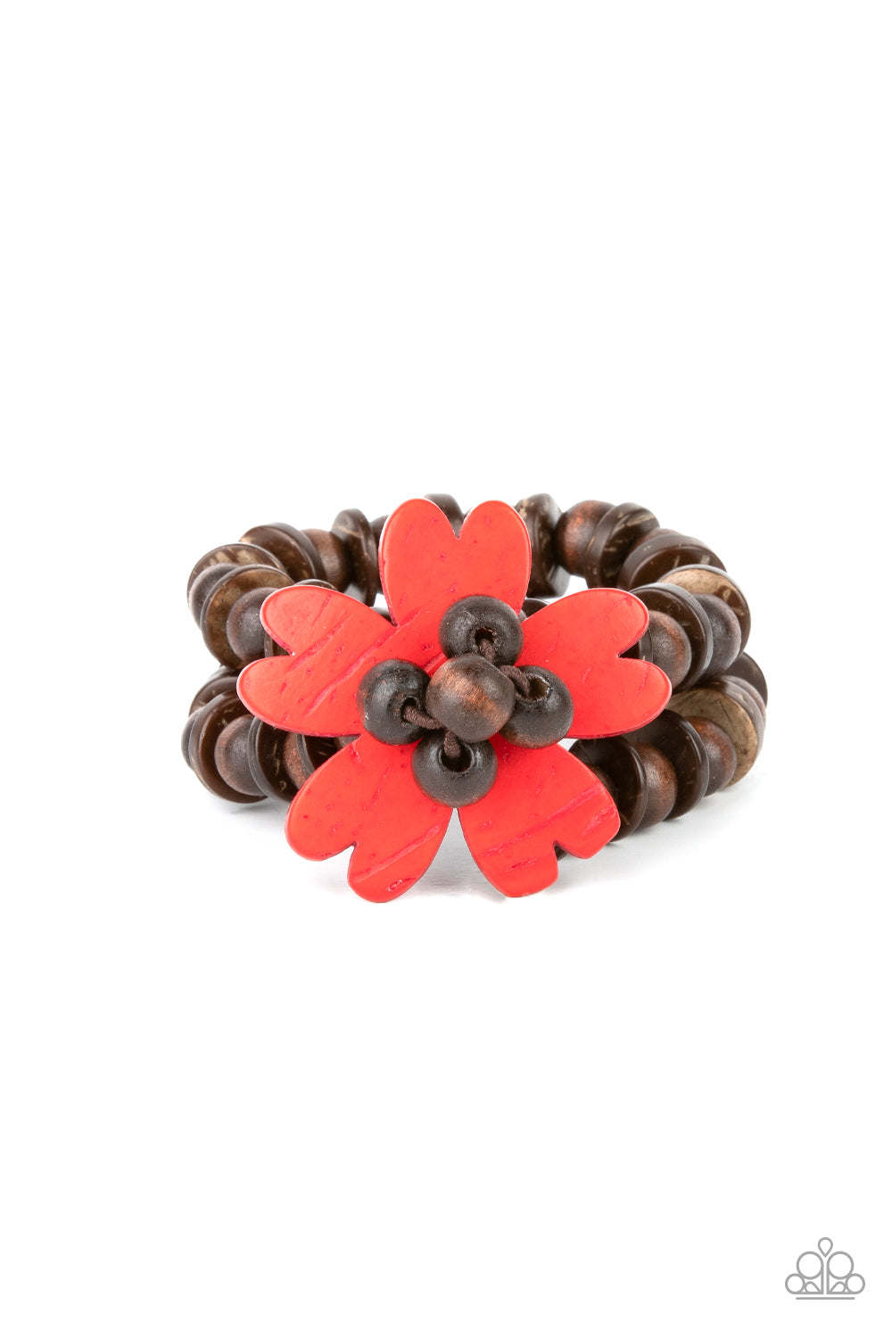 Tropical Flavor Red Wooden Bracelet - Paparazzi Accessories. Featuring heart-shaped petals, a bright red wooden flower sits atop double strands of wooden beads threaded along stretchy bands for a tropical flair atop the wrist. All Paparazzi Accessories are lead free and nickel free! Sold as one individual bracelet.