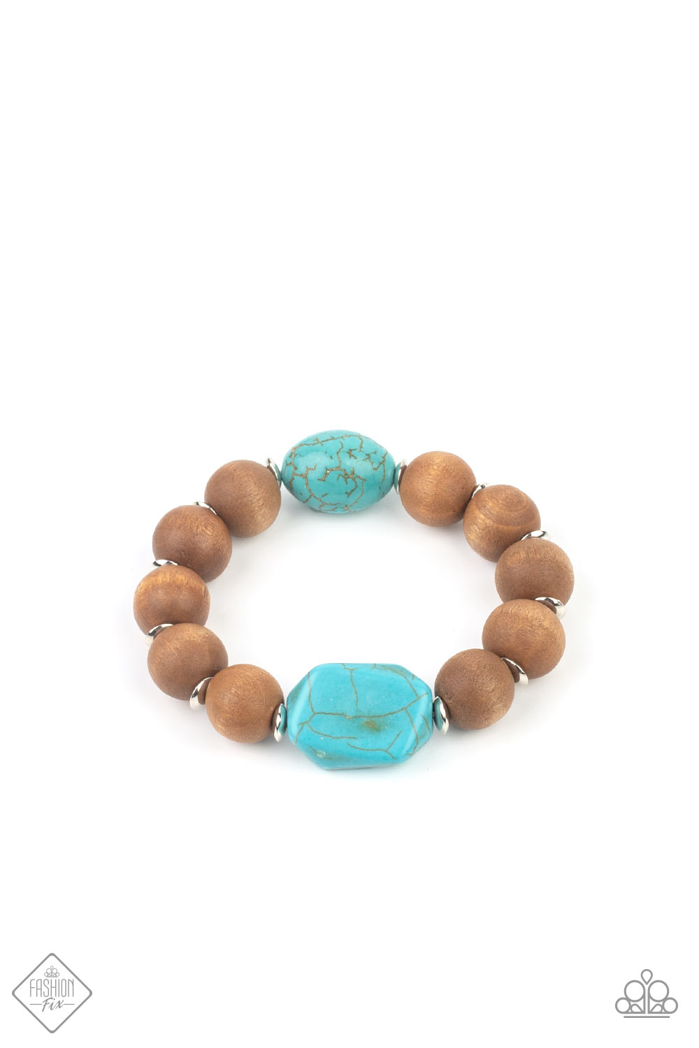 Abundantly Artisan Blue Bracelet - Paparazzi Accessories. Oversized brown wooden beads and mismatched turquoise stone accents are separated by dainty silver discs and threaded along a stretchy band, creating an earthy centerpiece around the wrist. All Paparazzi Accessories are lead free and nickel free! Sold as one individual bracelet.