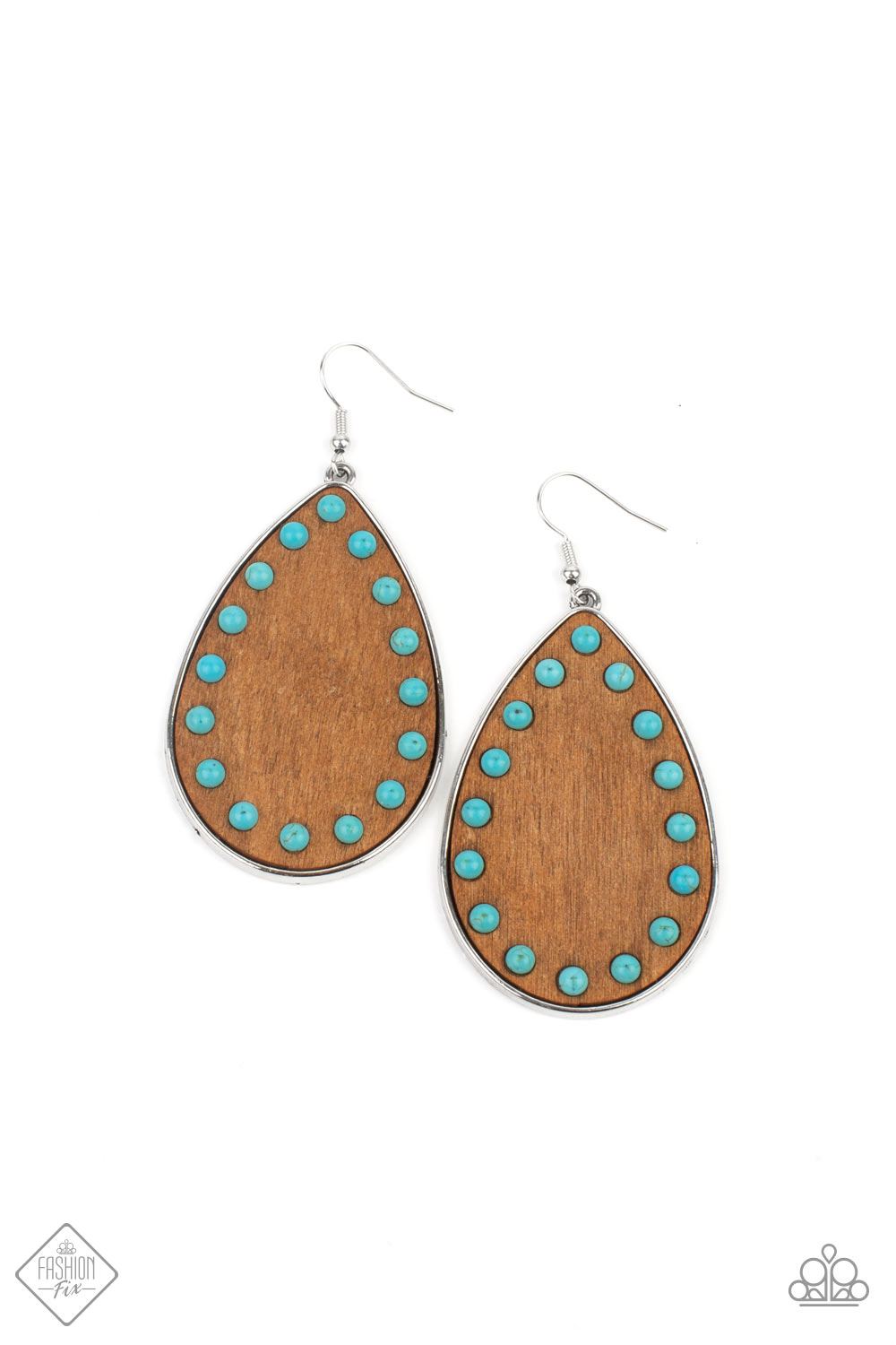 Rustic Refuge Blue Earring - Paparazzi Accessories. Dainty turquoise stone beads border an earthy wooden teardrop frame that is encased in a sleek silver fitting, creating a whimsical woodsy lure. Earring attaches to a standard fishhook fitting. All Paparazzi Accessories are lead free and nickel free! Sold as one pair of earrings.