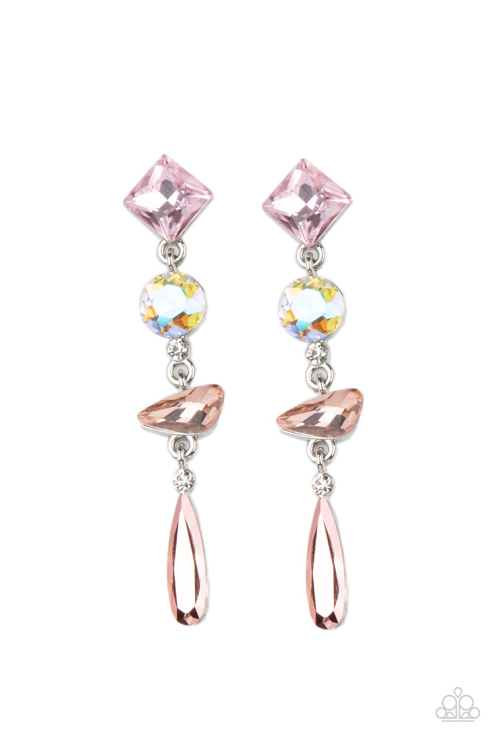 Rock Candy Elegance Pink Earring - Paparazzi Accessories A mismatched collection of colorfully iridescent and brilliantly sparkling gems are linked together in elegant succession as they fall glamorously from the ear. Earring attaches to a standard post fitting. Sold as one pair of post earrings.