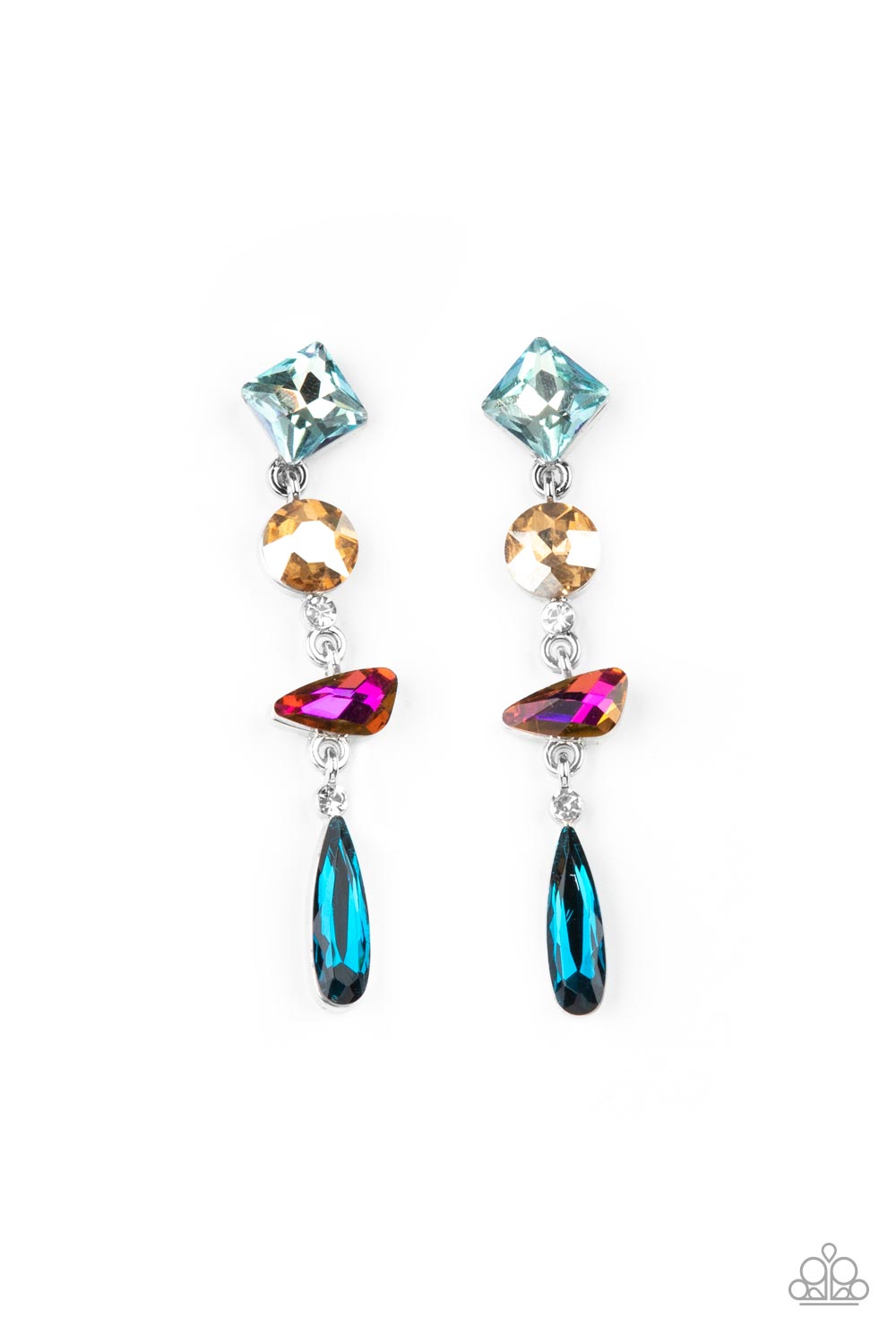 Rock Candy Elegance Multi Earring - Paparazzi Accessories A mismatched collection of colorfully iridescent and brilliantly sparkling gems are linked together in elegant succession as they fall glamorously from the ear. Earring attaches to a standard post fitting. All Paparazzi Accessories are lead free and nickel free! Sold as one pair of post earrings.