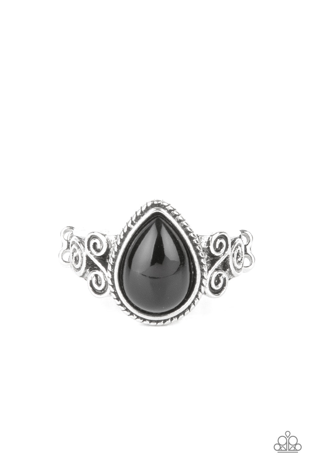 Dreamy Droplets Black Ring - Paparazzi Accessories A shining black teardrop bead is pressed into a delicately braided silver frame. Featuring silver filigree scrolls, an airy band creates a dreamy backdrop for the centerpiece as it sits atop the finger. Features a dainty stretchy band for a flexible fit. Sold as one individual ring.