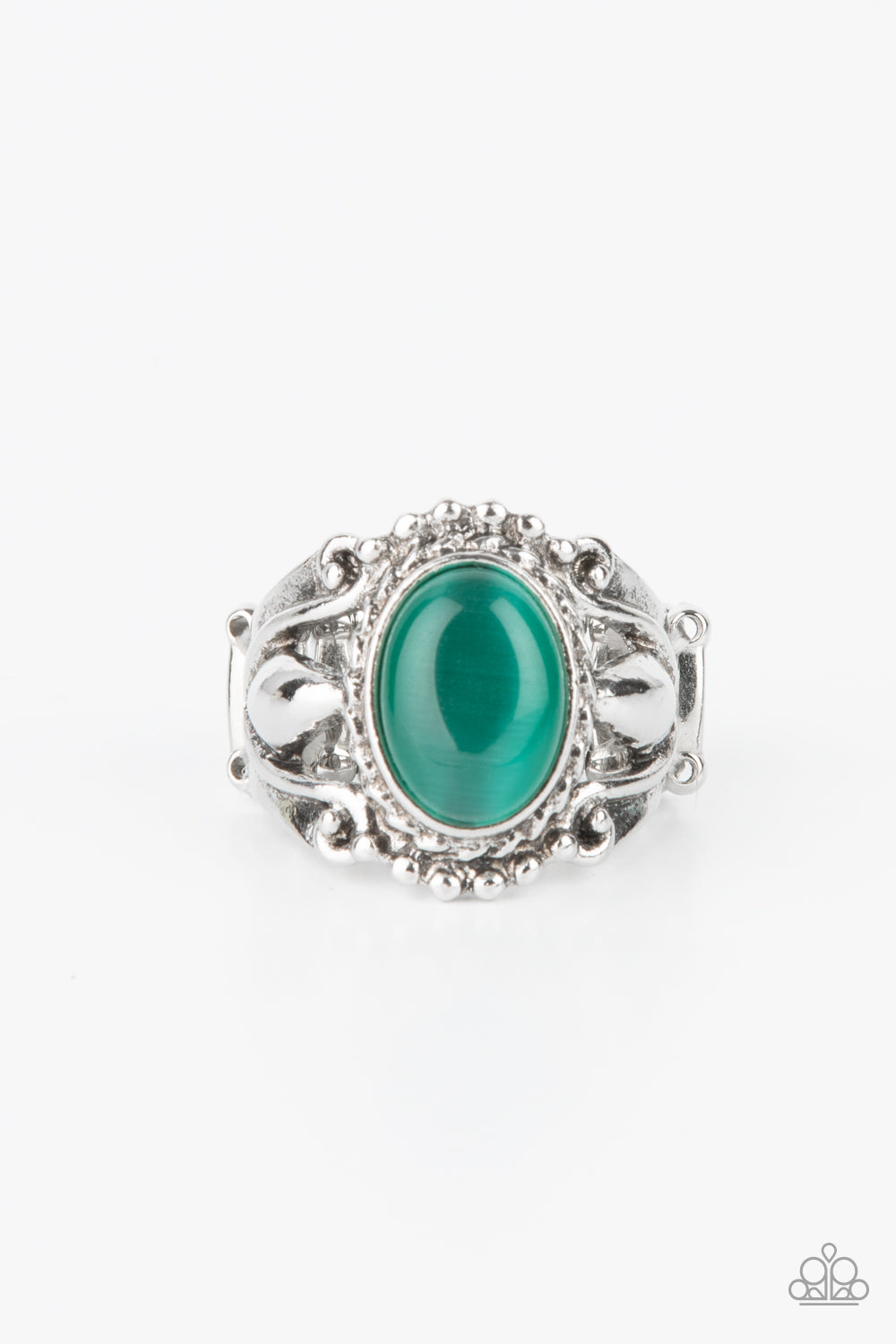 Jubilant Gem Green Ring - Paparazzi Accessories A polished green cat's eye stone creates a jubilant statement as it rests inside a studded silver frame atop an airy pedestal like band. Features a stretchy band for a flexible fit. All Paparazzi Accessories are lead free and nickel free! Sold as one individual ring.