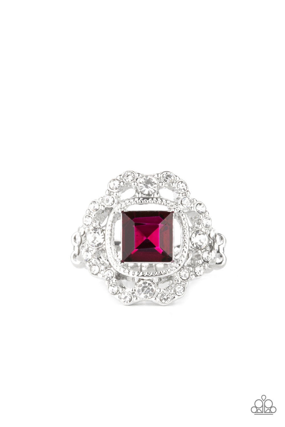 Candid Charisma Pink Ring - Paparazzi Accessories An airy flower-petal frame encrusted with brilliant white rhinestones highlights a stunning square-cut pink gem. Set in silver pronged fittings the timeless gem sits center stage creating a charismatic display atop the finger. Features a dainty stretchy band for a flexible fit. All Paparazzi Accessories are lead free and nickel free! Sold as one individual ring.