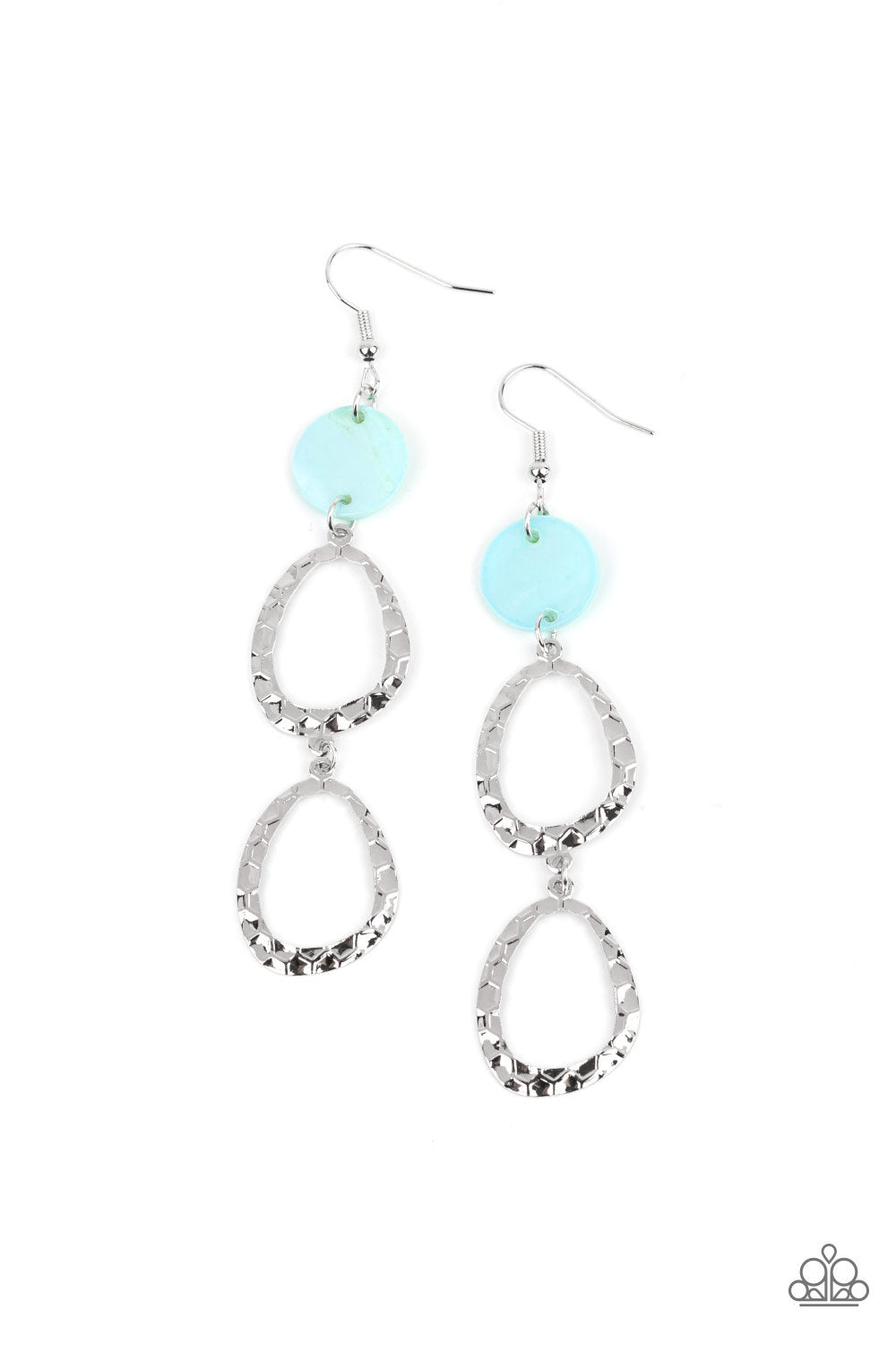 Surfside Shimmer Blue Earring - Paparazzi Accessories. A pearly blue shell disc anchors to two shiny hammered silver asymmetrical hoops as they dangle from the ear creating a dazzling lure. Earring attaches to a standard fishhook fitting. All Paparazzi Accessories are lead free and nickel free! Sold as one pair of earrings.