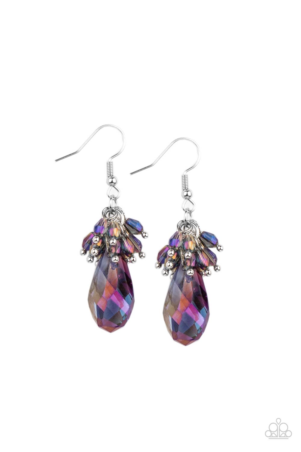 Well Versed in Sparkle Purple Earring - Paparazzi Accessories A cluster of dainty oil spill iridescent beads delicately overlap atop an oversized smoky purple iridescent teardrop gem, creating a sparkly chandelier. Earring attaches to a standard fishhook fitting. All Paparazzi Accessories are lead free and nickel free! Sold as one pair of earrings.