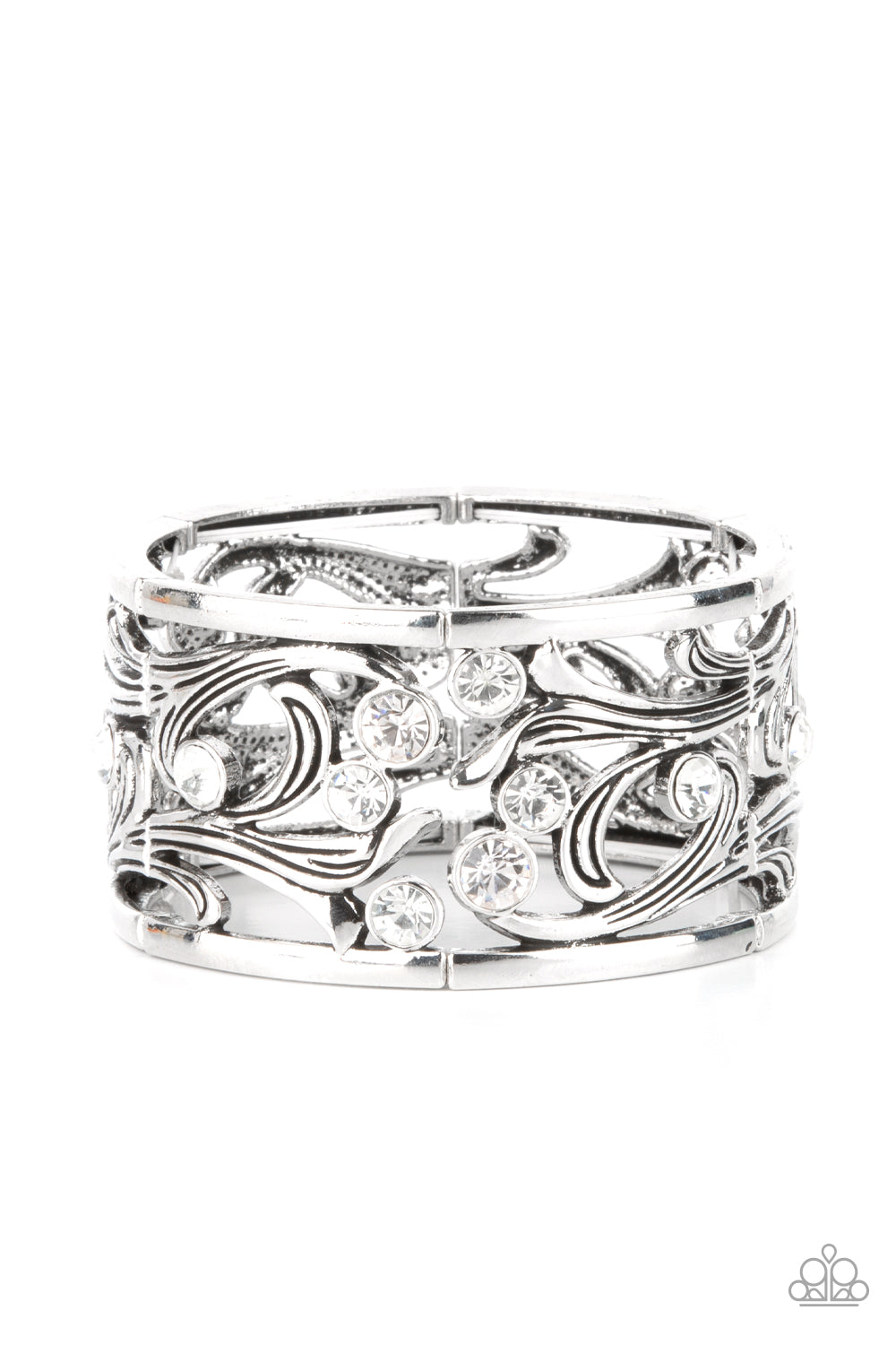 Garden Masquerade White Bracelet - Paparazzi Accessories A smattering of brilliant white rhinestones scatter across an airy floral frame among vine-like filigree. The romantically whimsical frames are threaded along stretchy bands and repeat around the wrist for an enchanting display. All Paparazzi Accessories are lead free and nickel free! Sold as one individual bracelet.