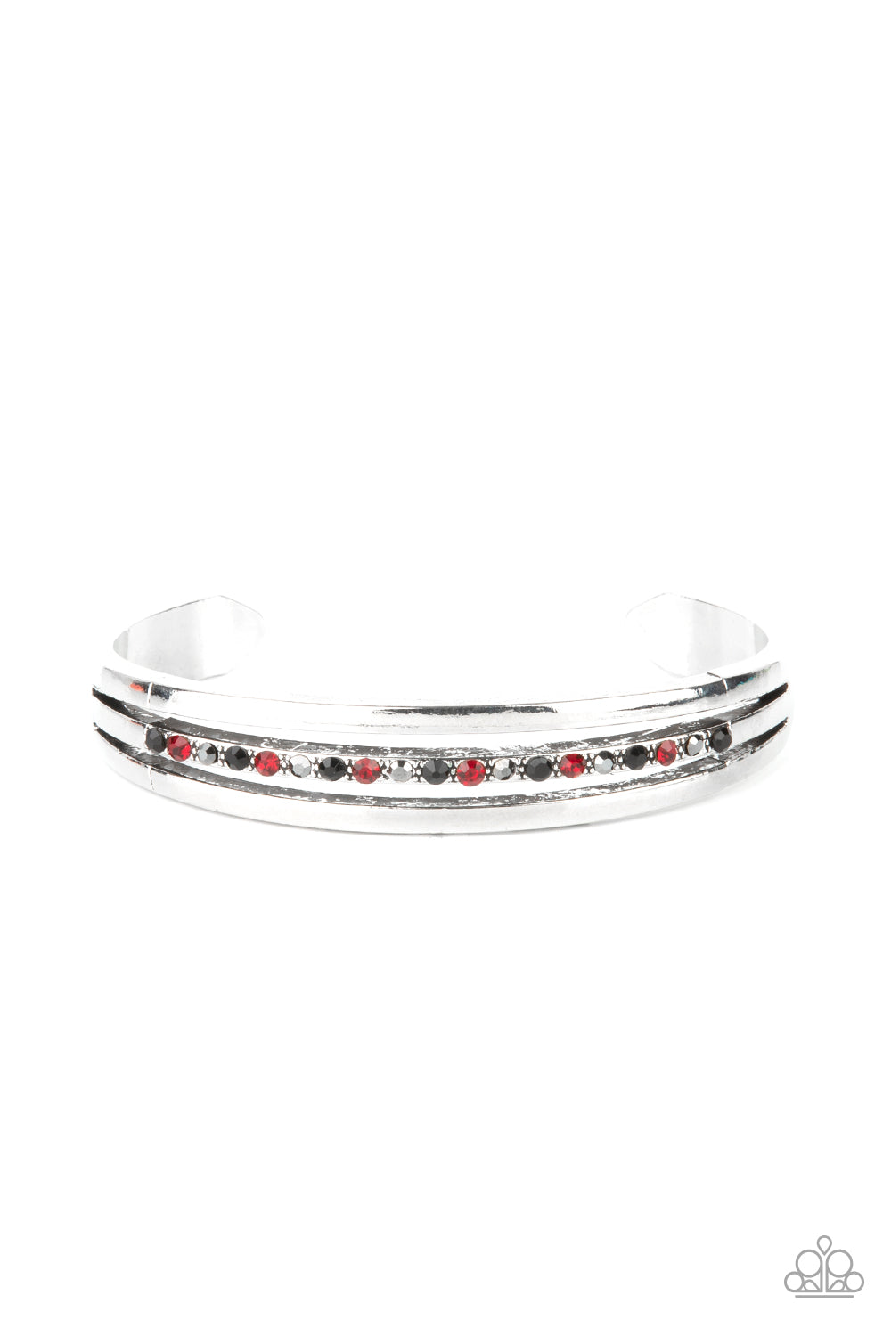 A Point Of Pride Multi Cuff Bracelet - Paparazzi Accessories Two glistening silver bars flank a row of black, red, and hematite rhinestones, coalescing into a dainty layered cuff around the wrist for a dash of refined edge. All Paparazzi Accessories are lead free and nickel free! Sold as one individual bracelet.