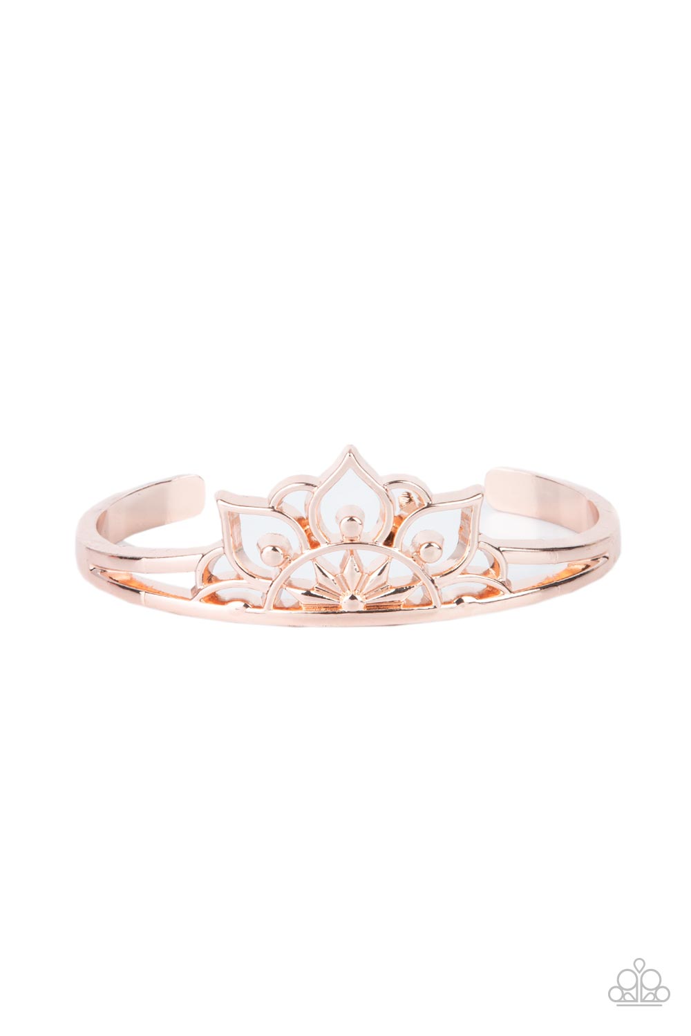 Mandala Mindfulness Rose Gold Cuff Bracelet - Paparazzi Accessories Brushed in a high sheen finish, an airy mandala-like frame crowns the top of a dainty rose gold cuff for a whimsically seasonal flair. Sold as one individual bracelet.