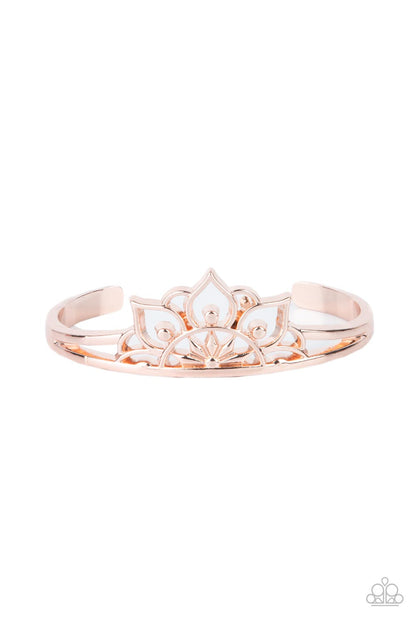 Mandala Mindfulness Rose Gold Cuff Bracelet - Paparazzi Accessories  Brushed in a high sheen finish, an airy mandala-like frame crowns the top of a dainty rose gold cuff for a whimsically seasonal flair.  Sold as one individual bracelet.