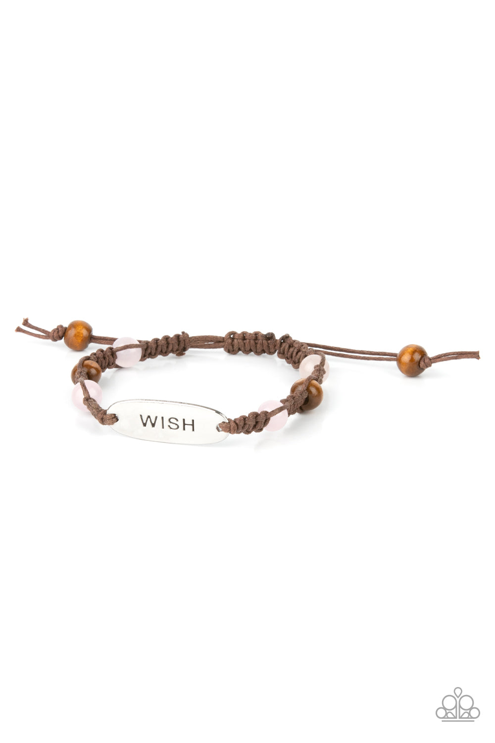WISH This Way Pink Urban Bracelet - Paparazzi Accessories An oval silver plate engraved with the word "WISH" creates a warmhearted medallion as it connects to brown cording interwoven with wooden and glossy pink beads for a harmonious vibe around the wrist. Features an adjustable sliding knot closure. All Paparazzi Accessories are lead free and nickel free! Sold as one individual bracelet.