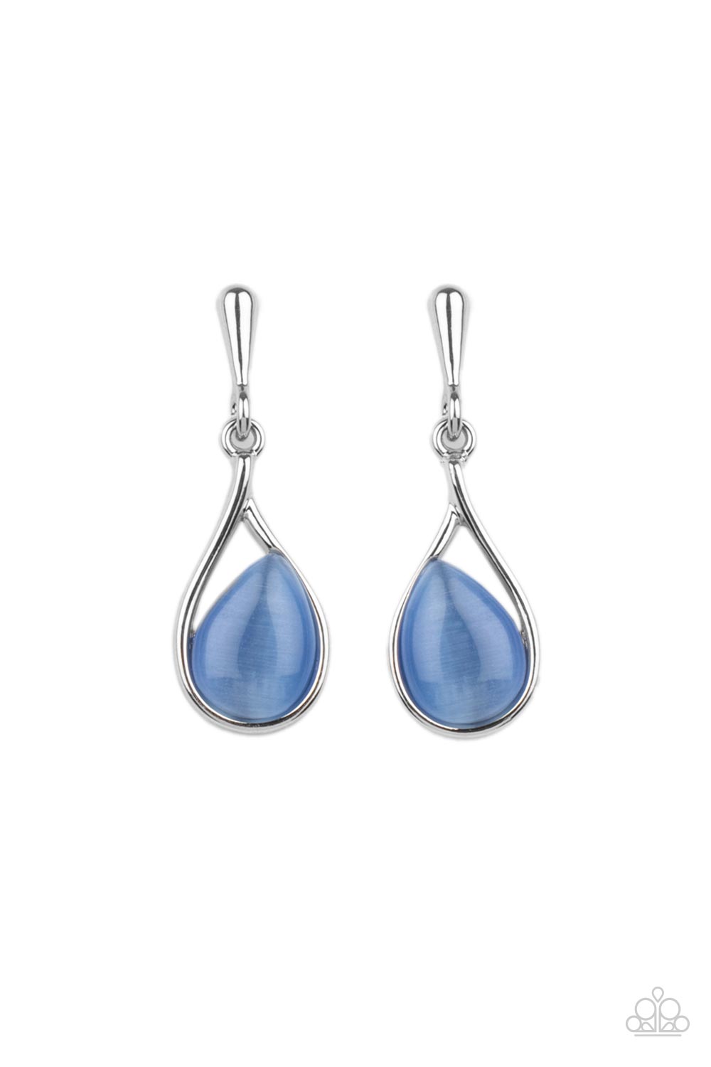 Pampered Glow Up Blue Post Earring - Paparazzi Accessories A glowing blue cat's eye stone sits askance in a simple silver teardrop frame as it dangles from a solid silver bulb creating a polished finish. Earring attaches to a standard post fitting. Sold as one pair of post earrings.