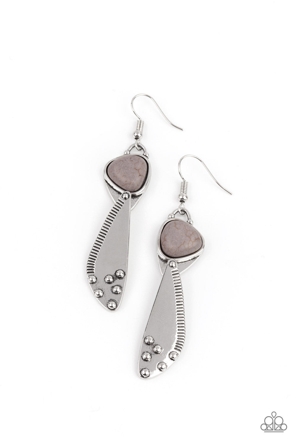 Going-Green Goddess Silver Earring - Paparazzi Accessories Ribbed in linear textures and dotted in silver studs, an asymmetrical silver plate links to the bottom of a gray stone frame for an artisan inspired design. Earring attaches to a standard fishhook fitting. All Paparazzi Accessories are lead free and nickel free! Sold as one pair of earrings.