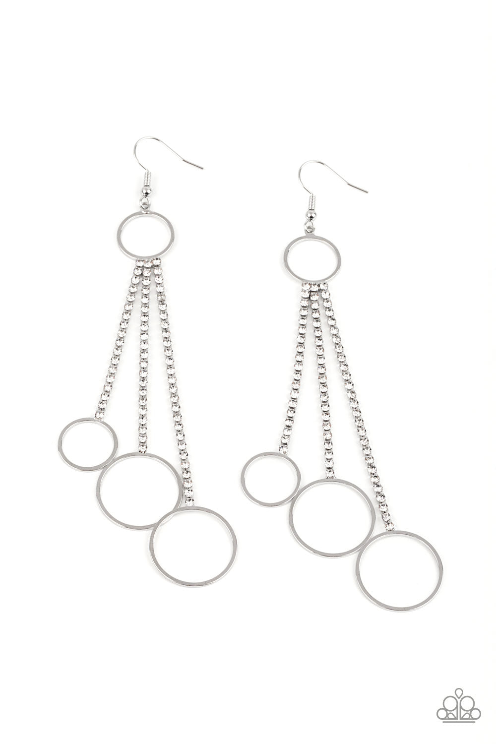 Demurely Dazzling White Earring - Paparazzi Accessories Dainty silver hoops swing from the bottom of glittery strands of glassy white rhinestones that attach to the bottom of a dainty silver ring, creating a tantalizing tassel. Earring attaches to a standard fishhook fitting. All Paparazzi Accessories are lead free and nickel free! Sold as one pair of earrings.