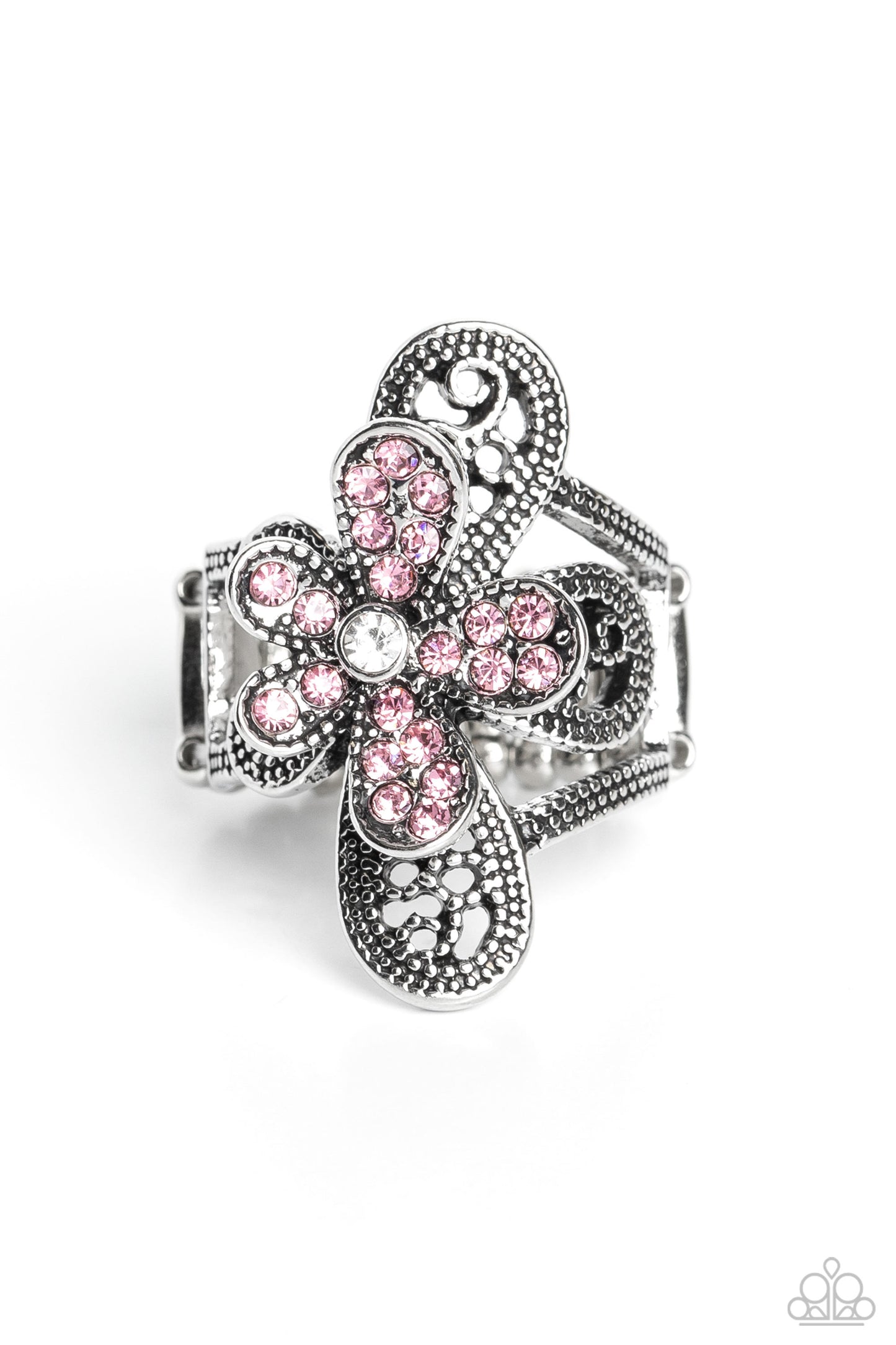 Garden Escapade Pink Ring - Paparazzi Accessories Dotted with a dainty white rhinestone center, silver petals overlaid with glittery pink rhinestones, sit atop studded silver filigree petals, creating a frilly floral centerpiece atop the finger. Features a stretchy band for a flexible fit. Sold as one individual ring. P4RE-PKXX-224XX
