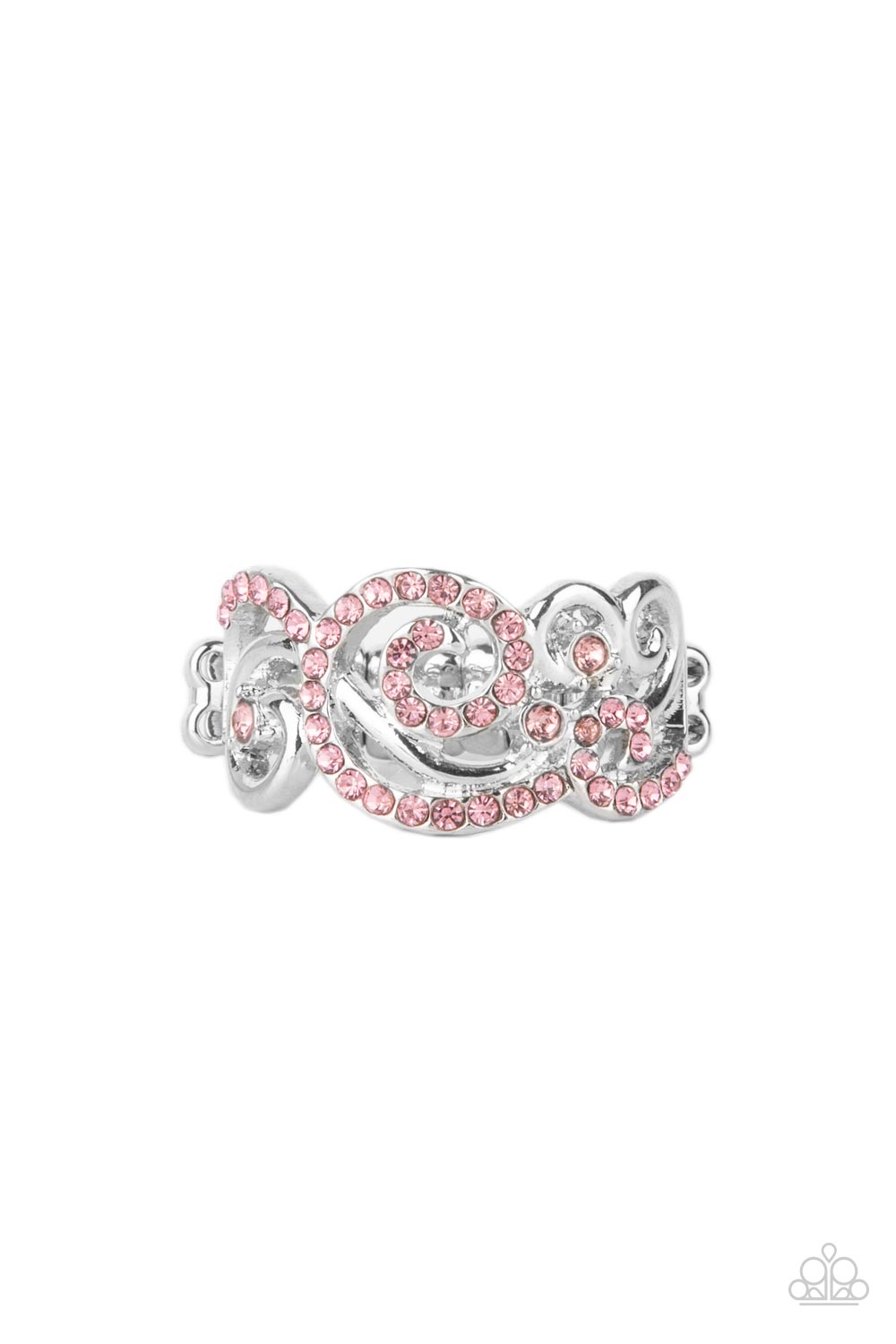Melodic Motion Pink Ring - Paparazzi Accessories An ornamental silver scrollwork frame, adorned with dainty sparkling pink rhinestones travels across the finger in a melodic display. Features a dainty stretchy band for a flexible fit. All Paparazzi Accessories are lead free and nickel free! Sold as one individual ring.