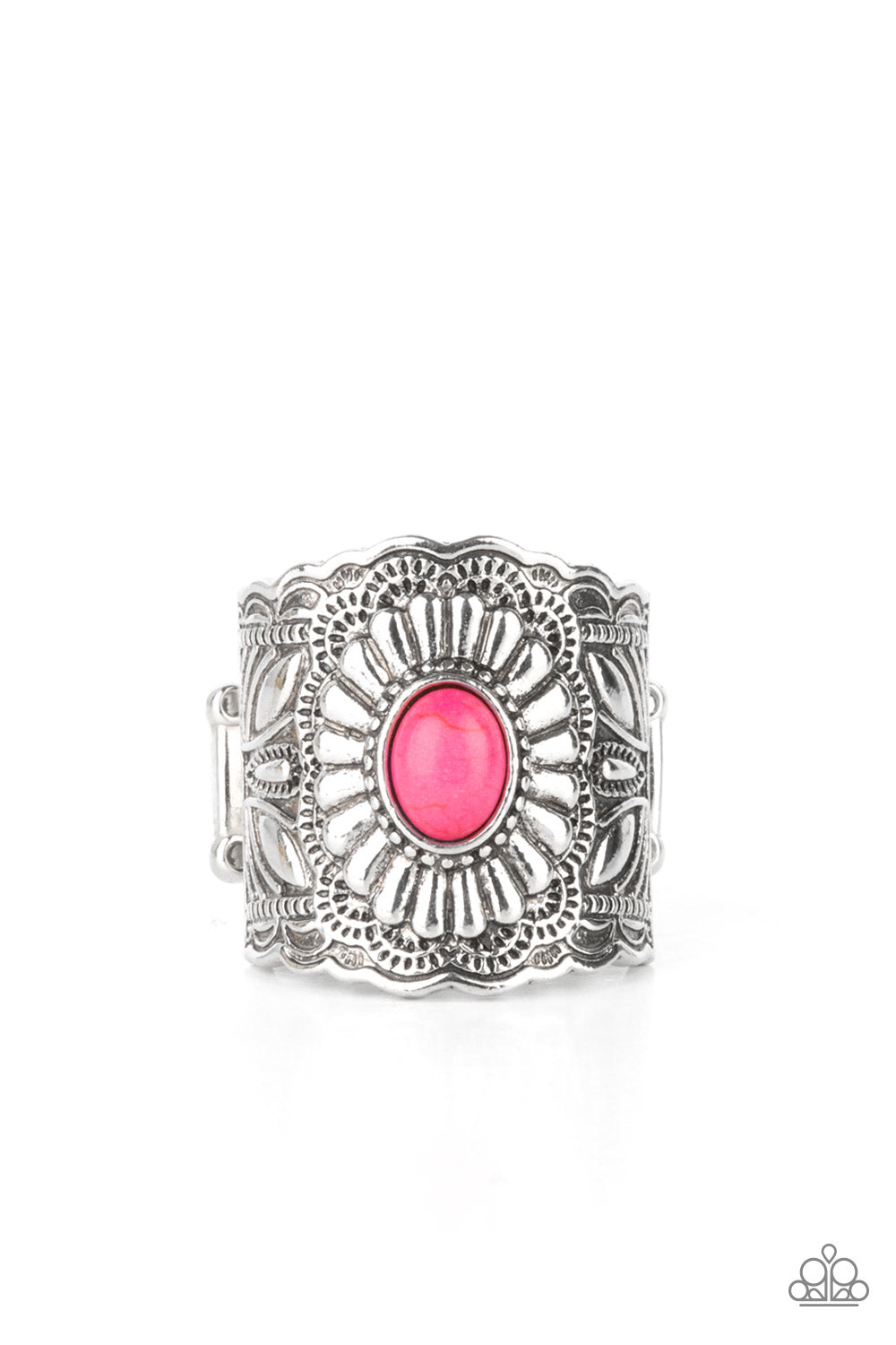 Exquisitely Ornamental Pink Ring - Paparazzi Accessories An exquisitely ornate silver band featuring engraved floral motifs is punctuated by a bright pink oval stone creating an elegant centerpiece atop the finger. Features a stretchy band for a flexible fit. All Paparazzi Accessories are lead free and nickel free! Sold as one individual ring.
