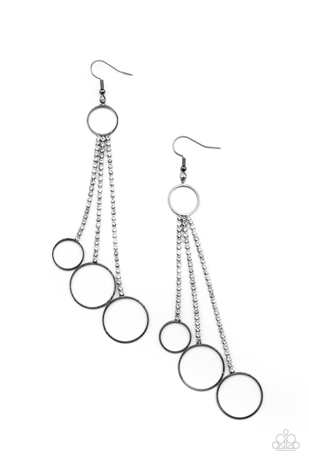 Demurely Dazzling - Black Item #P5RE-BKXX-401XX Dainty gunmetal hoops swing from the bottom of glittery strands of glassy white rhinestones that attach to the bottom of a dainty gunmetal ring, creating a tantalizing tassel. Earring attaches to a standard fishhook fitting. Sold as one pair of earrings.