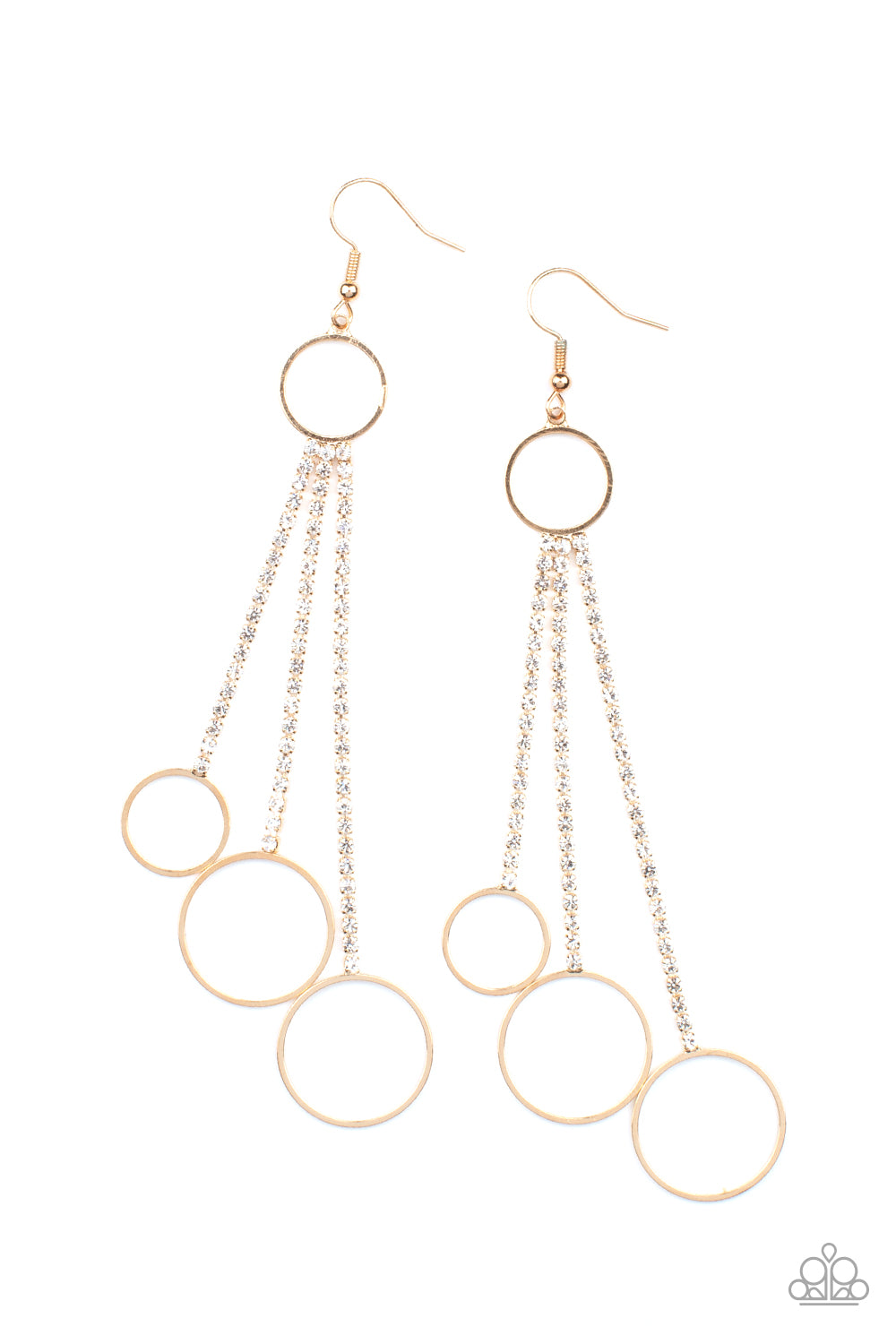 Demurely Dazzling Gold Earring - Paparazzi Accessories Dainty gold hoops swing from the bottom of glittery strands of glassy white rhinestones that attach to the bottom of a dainty gold ring, creating a tantalizing tassel. Earring attaches to a standard fishhook fitting. Sold as one pair of earrings.