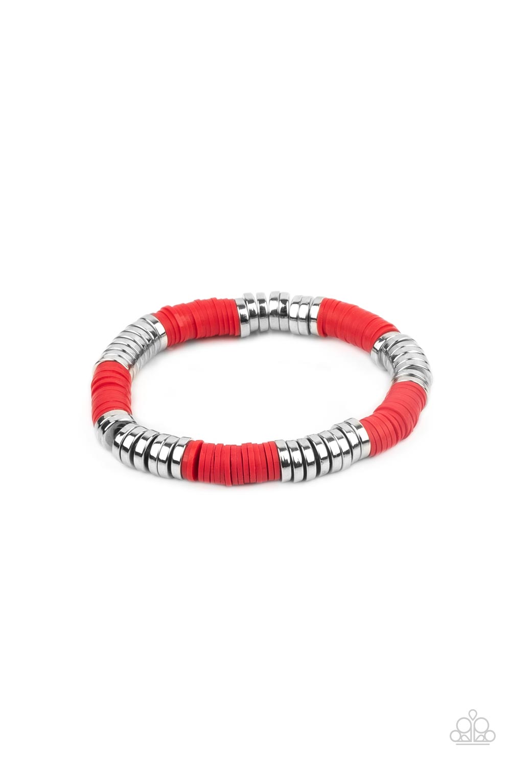 Stacked In Your Favor Red Bracelet - Paparazzi Accessories Stacks of rubbery red discs and bold silver rings are threaded along a stretchy band around the wrist, creating a versatile pop of color. All Paparazzi Accessories are lead free and nickel free! Sold as one individual bracelet.