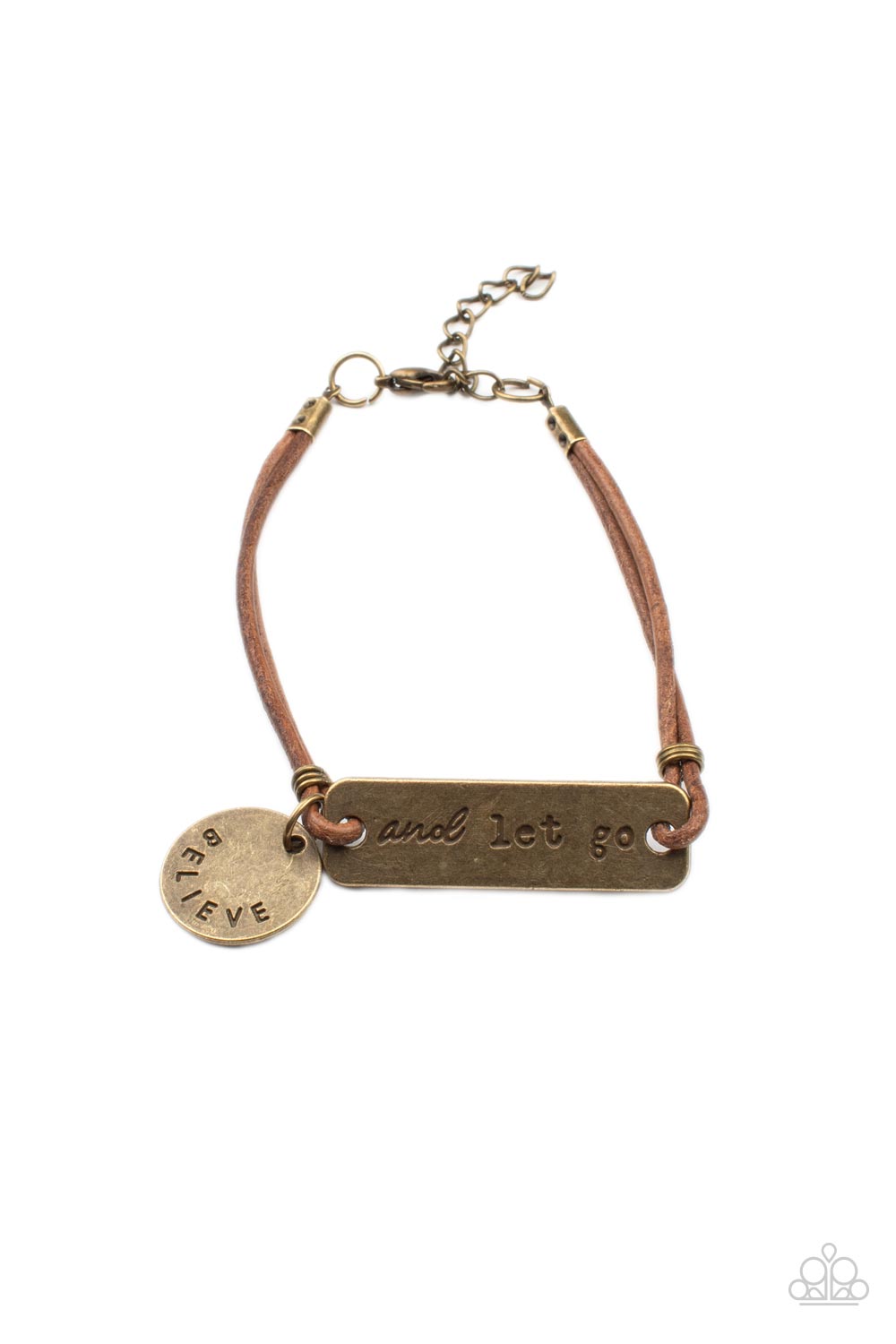 Believe and Let Go Brass Bracelet - Paparazzi Accessories An antiqued disc stamped in the word, "believe" and a brass plate stamped in the phrase, "and let go," are knotted in place around the wrist with layers of brown suede cording, creating a motivational centerpiece. Features an adjustable clasp closure. Sold as one individual bracelet.