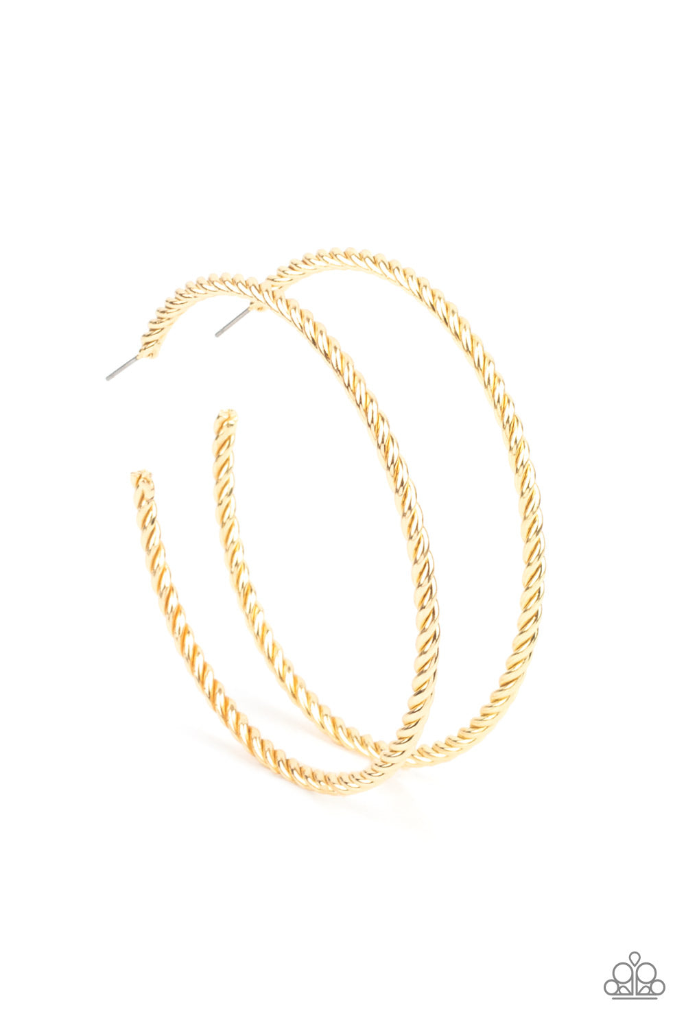 Resist The Twist Gold Hoop Earring - Paparazzi Accessories Shiny gold strands twist together to form an edgy statement-making hoop. Earring attaches to a standard post fitting. Hoop measures approximately 2 3/4" in diameter. Sold as one pair of hoop earrings.