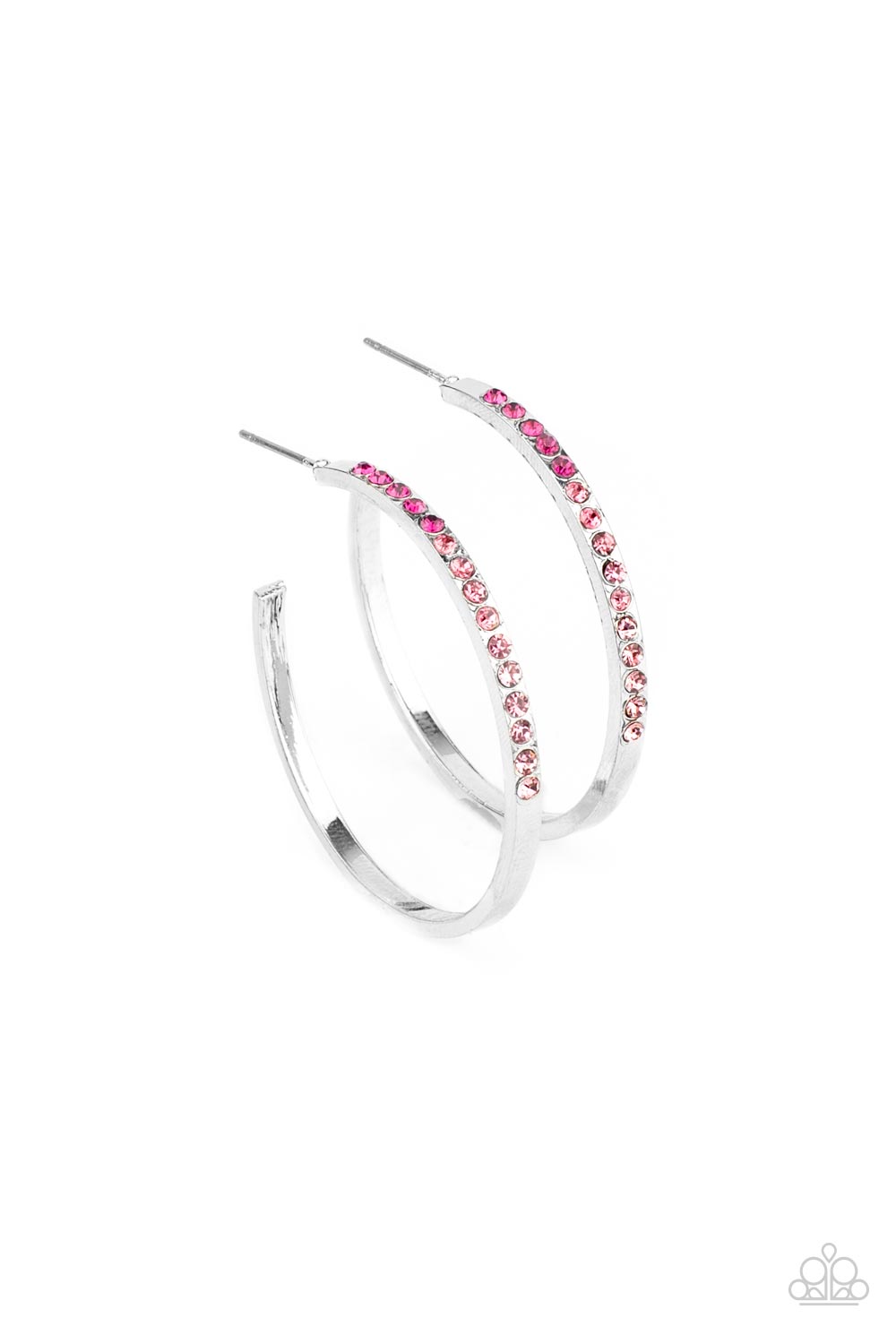 Somewhere Over the OMBRE Pink Hoop Earring - Paparazzi Accessories The front half of a dainty silver hoop is encrusted in an ombre of pink rhinestones, creating a sparkly spectrum of color. Earring attaches to a standard post fitting. Hoop measures approximately 1 1/2" in diameter. Sold as one pair of hoop earrings.