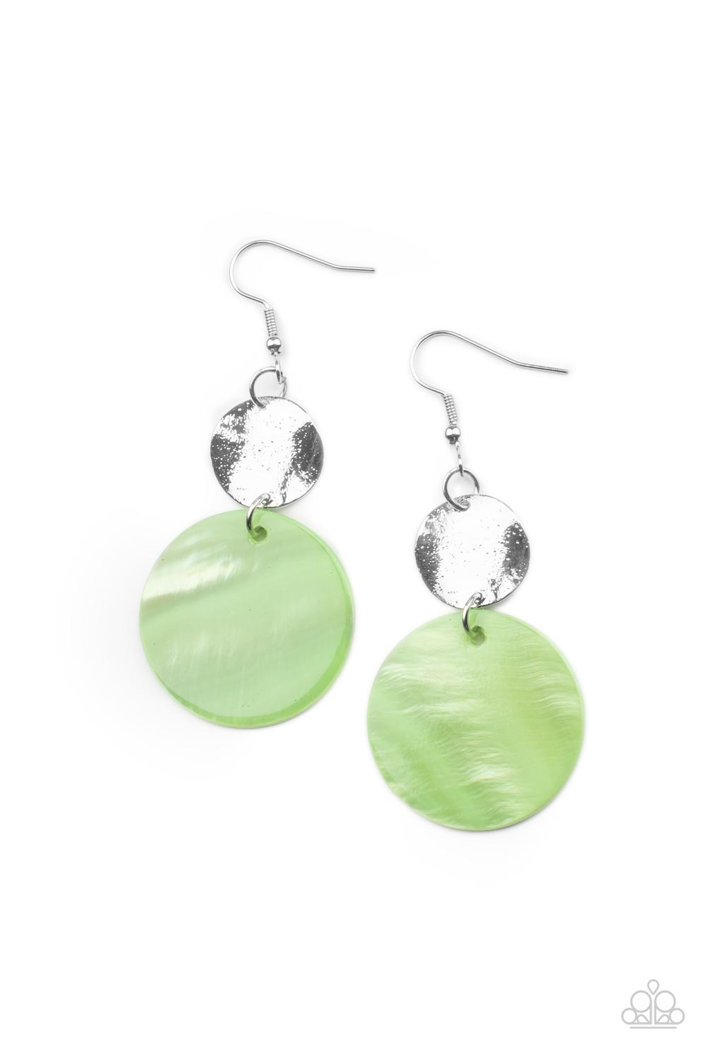 Opulently Oasis Green Earring - Paparazzi Accessories An oversized green shell-like disc is topped by a wavy, sparkling silver disc. The pair sways dramatically from a silver fitting for a breezy finish. Earring attaches to a standard fishhook fitting. All Paparazzi Accessories are lead free and nickel free! Sold as one pair of earrings.