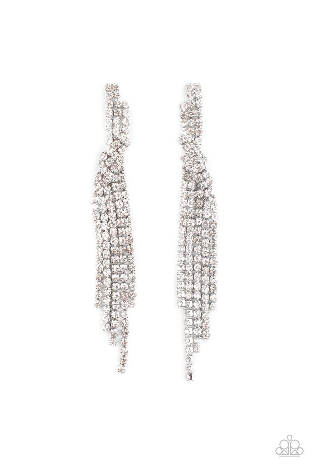 Cosmic Candescence White Earring - Paparazzi Accessories Encased in sleek silver fittings, dainty strands of glittery white rhinestones delicately overlap into a tapered tassel for a twinkly look. Earring attaches to a standard post fitting. Sold as one pair of post earrings.