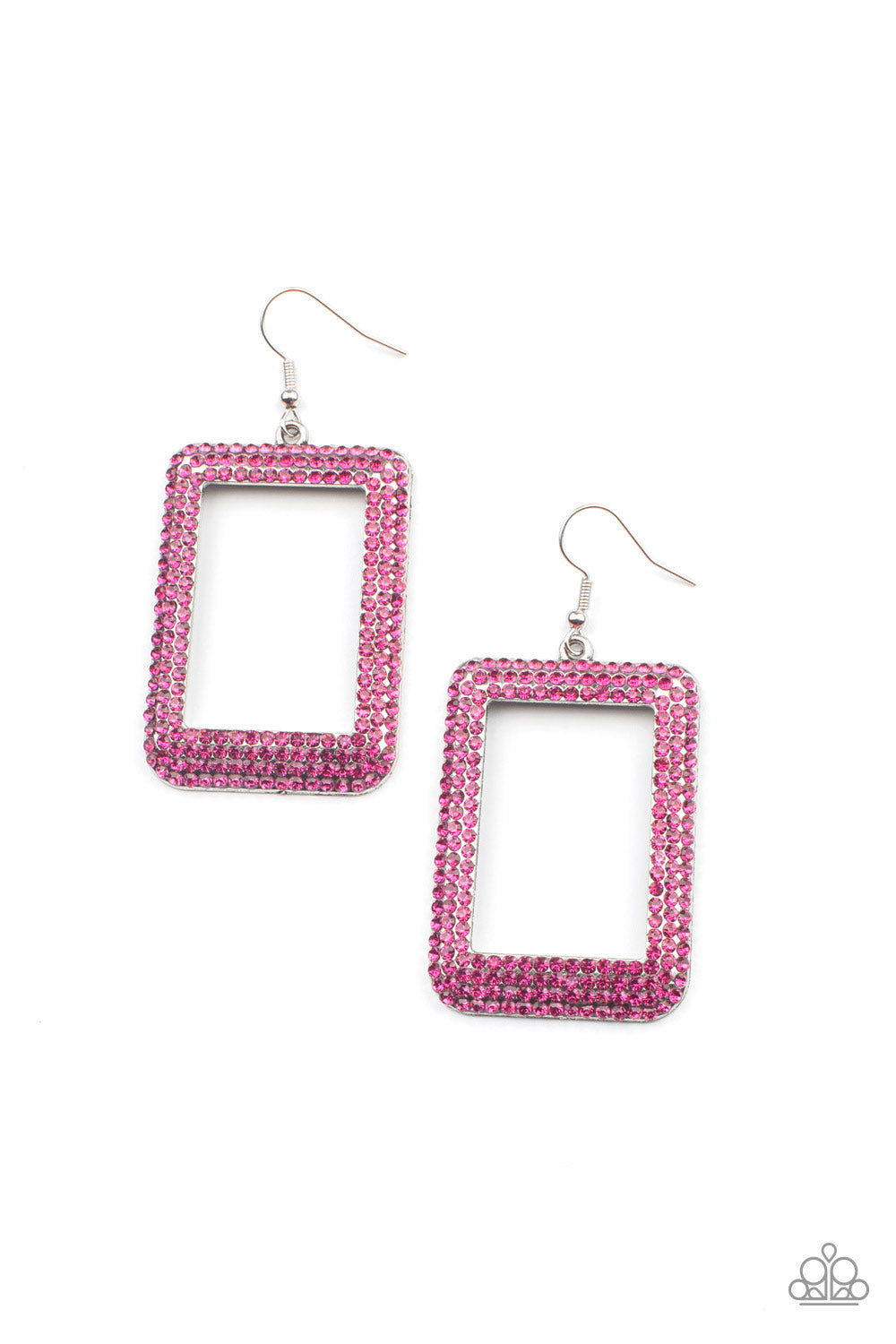 World FRAME-ous Pink Earring - Paparazzi Accessories Bordered in rows of glittery pink rhinestones, an oversized silver rectangular frame swings from the ear for a fashionable finish. Earring attaches to a standard fishhook fitting. All Paparazzi Accessories are lead free and nickel free! Sold as one pair of earrings.
