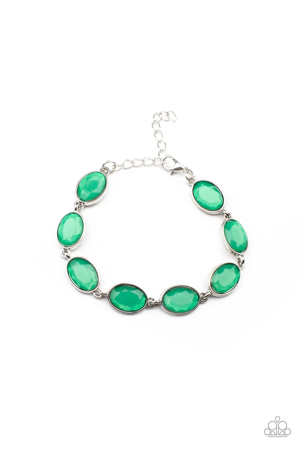 Smooth Move Green Bracelet - Paparazzi Accessories Encased in sleek silver frames, dewy Mint oval gems delicately connect around the wrist for an elegantly ethereal fashion. Features an adjustable clasp closure. All Paparazzi Accessories are lead free and nickel free! Sold as one individual bracelet.