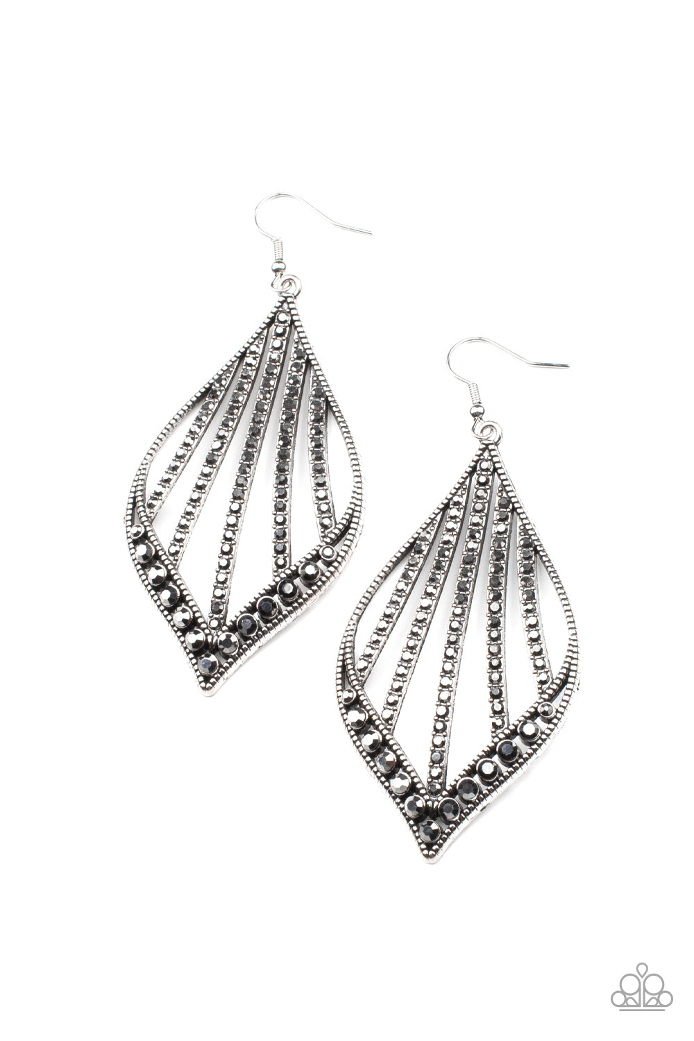 Showcase Sparkle Silver Earring - Paparazzi Accessories Curved rows of smoky hematite rhinestones streak across the center of a studded marquise shaped silver frame. The bottom of the frame is encrusted in matching hematite rhinestones, creating a dramatic centerpiece. Earring attaches to a standard fishhook fitting. Sold as one pair of earrings.